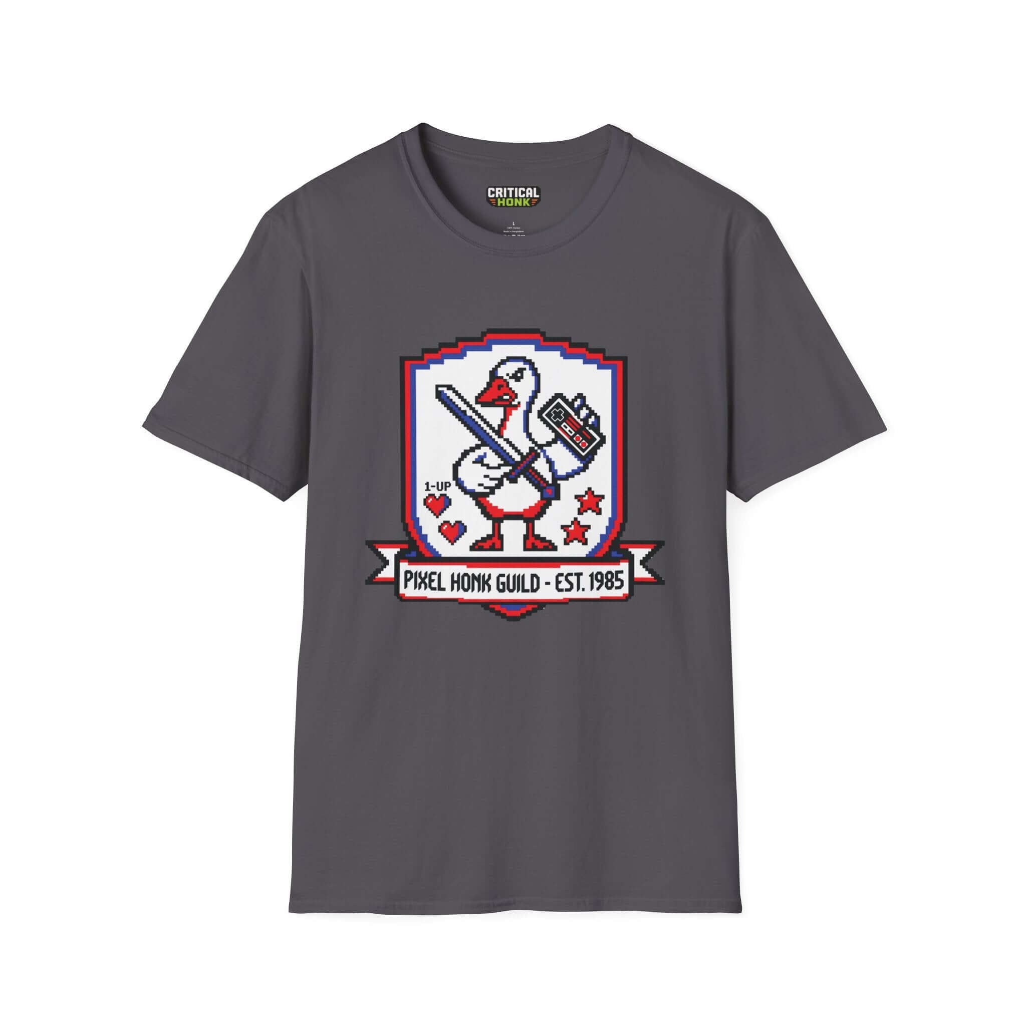 Pixel guild T-Shirt in charcoal featuring Pixel Honk Guild logo, unisex fit, made from 100% ring-spun cotton.