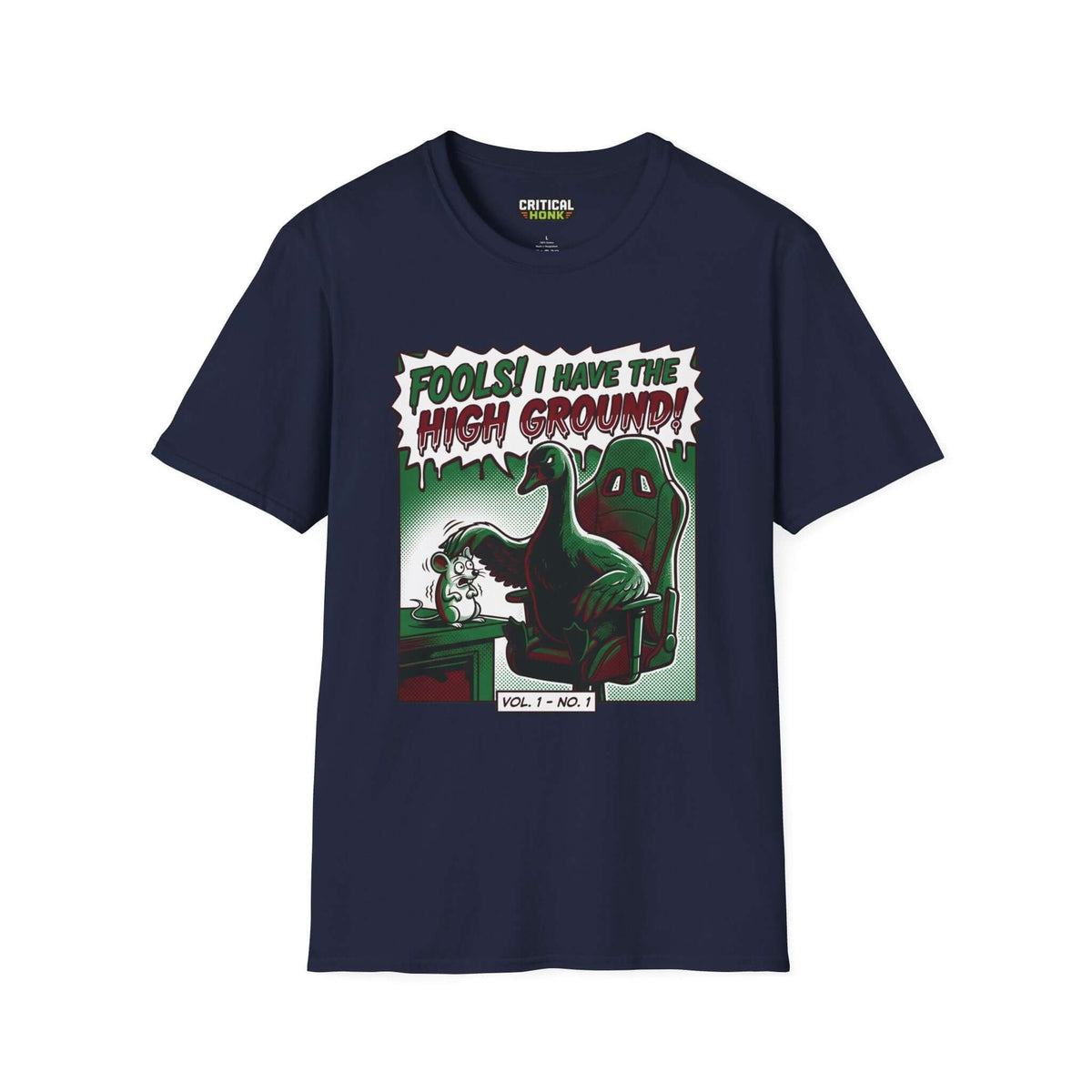 High ground T-Shirt featuring a fun cartoon design on a navy Gildan Softstyle tee.