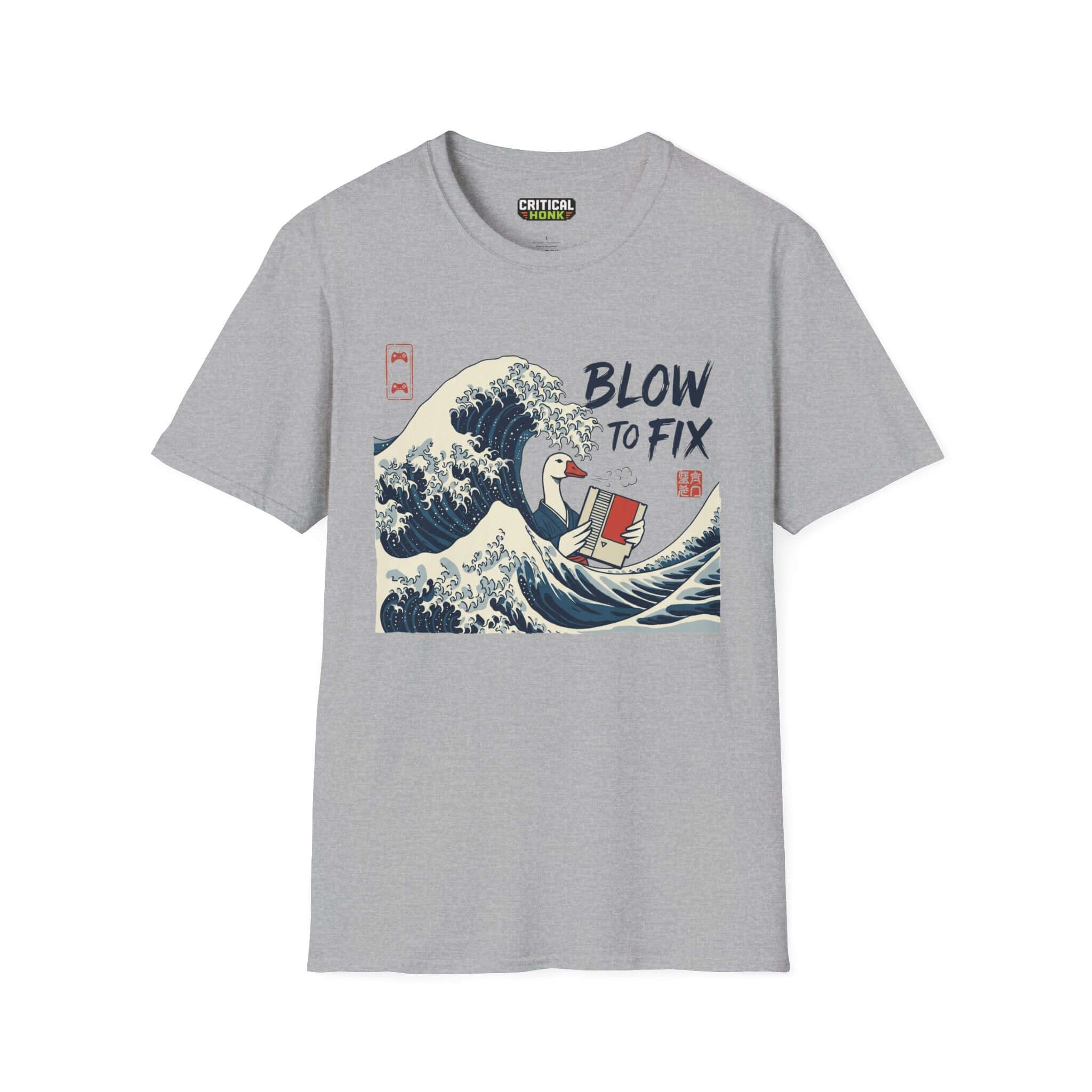 Blow to fix T-Shirt in sport grey, featuring art of a duck in waves, made of 100% ring-spun cotton.