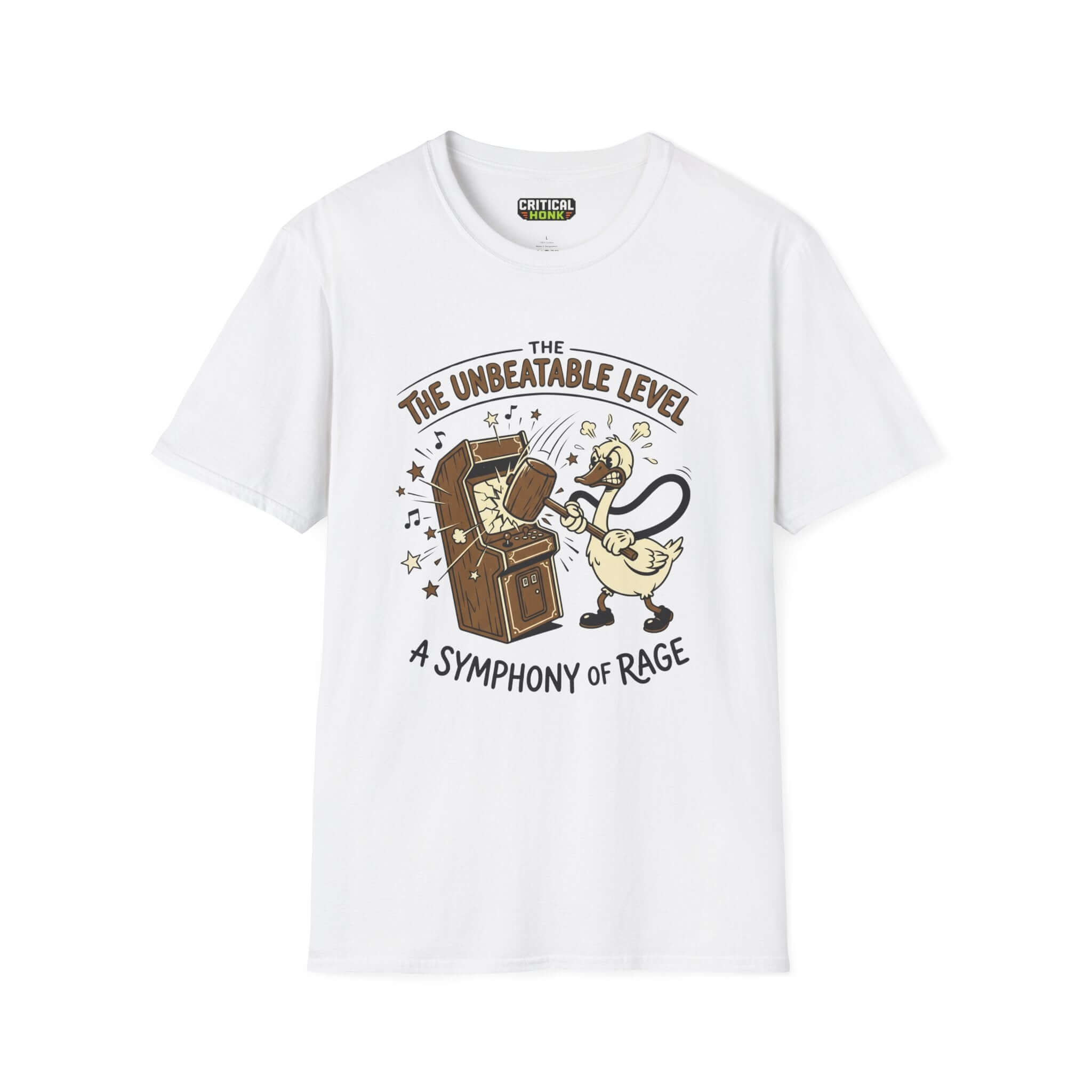 The unbeatable level T-Shirt in white featuring a duck smashing an arcade game design.