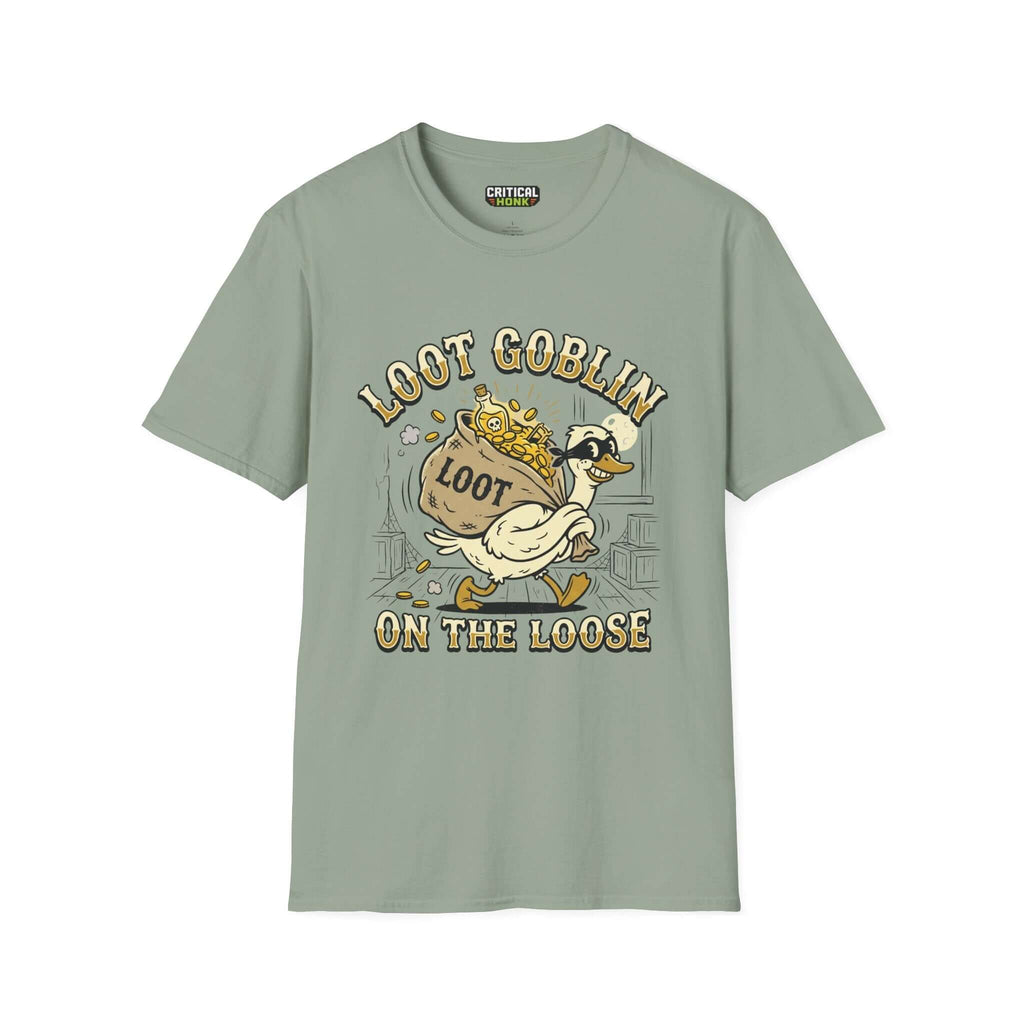 Loot Goblin T-Shirt in sage color featuring a cartoon duck running with loot, perfect for gamers.