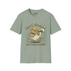 Loot Goblin T-Shirt in sage color featuring a cartoon duck running with loot, perfect for gamers.