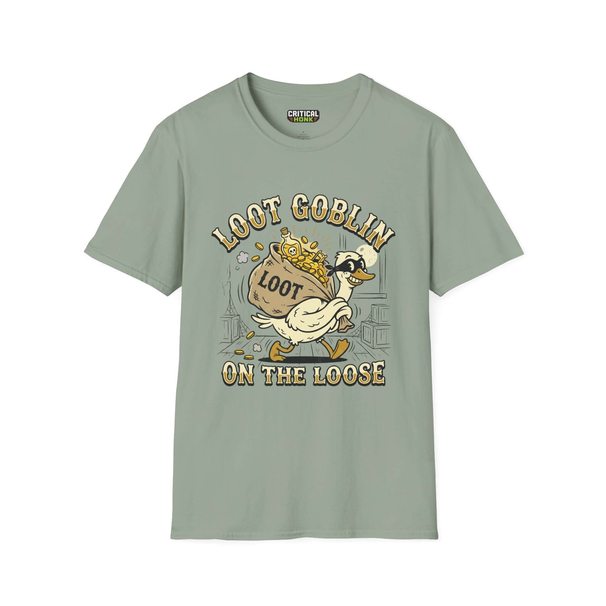 Loot Goblin T-Shirt in sage color featuring a cartoon duck running with loot, perfect for gamers.