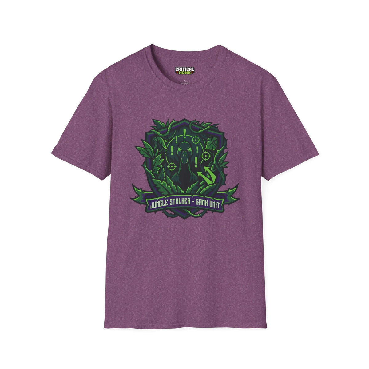 Gank unit T-Shirt in Heather Maroon featuring Jungle Stalker graphic, made with Gildan Softstyle fabric.