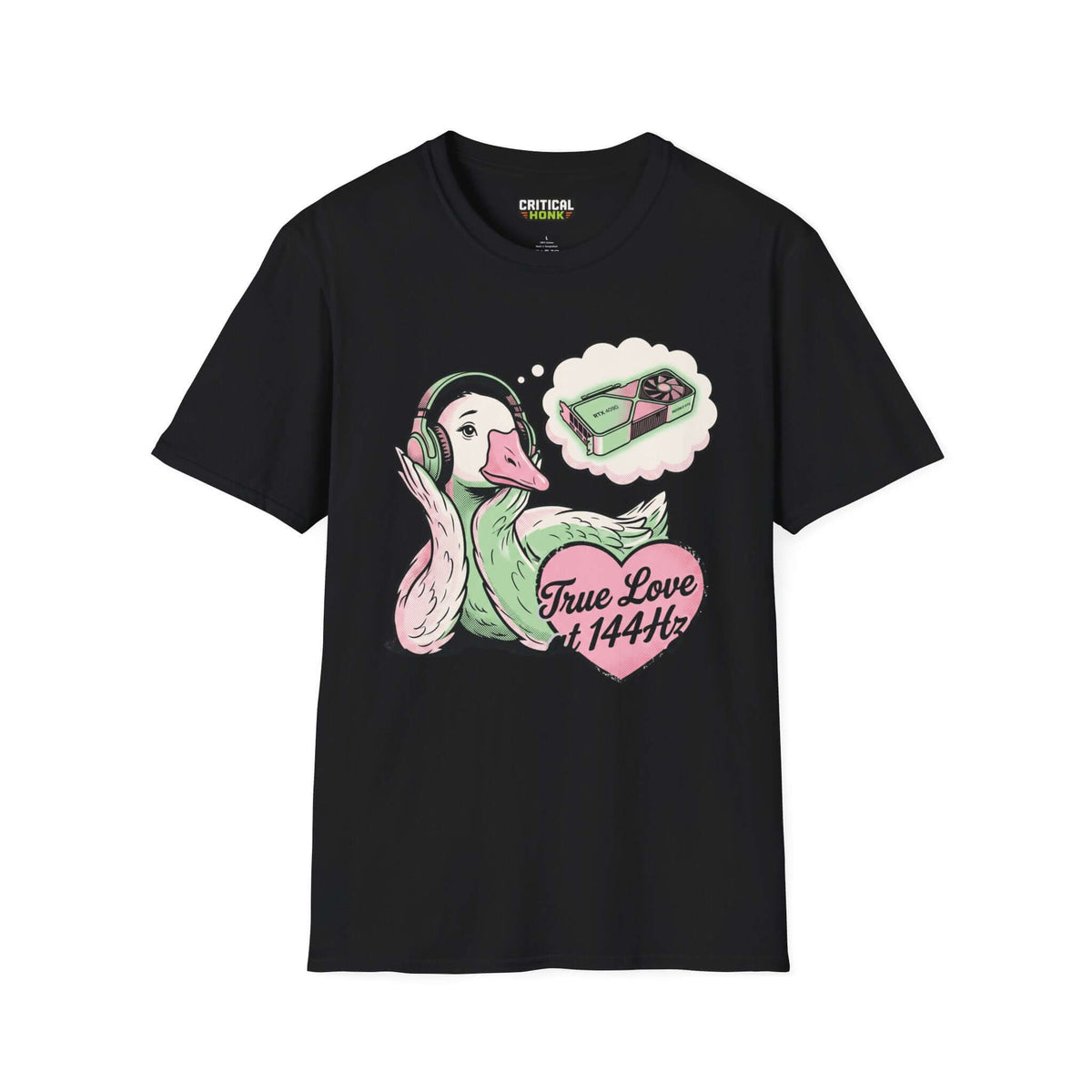 True love T-Shirt featuring a duck with headphones on a black Gildan Softstyle shirt, Critical Honk Collection.