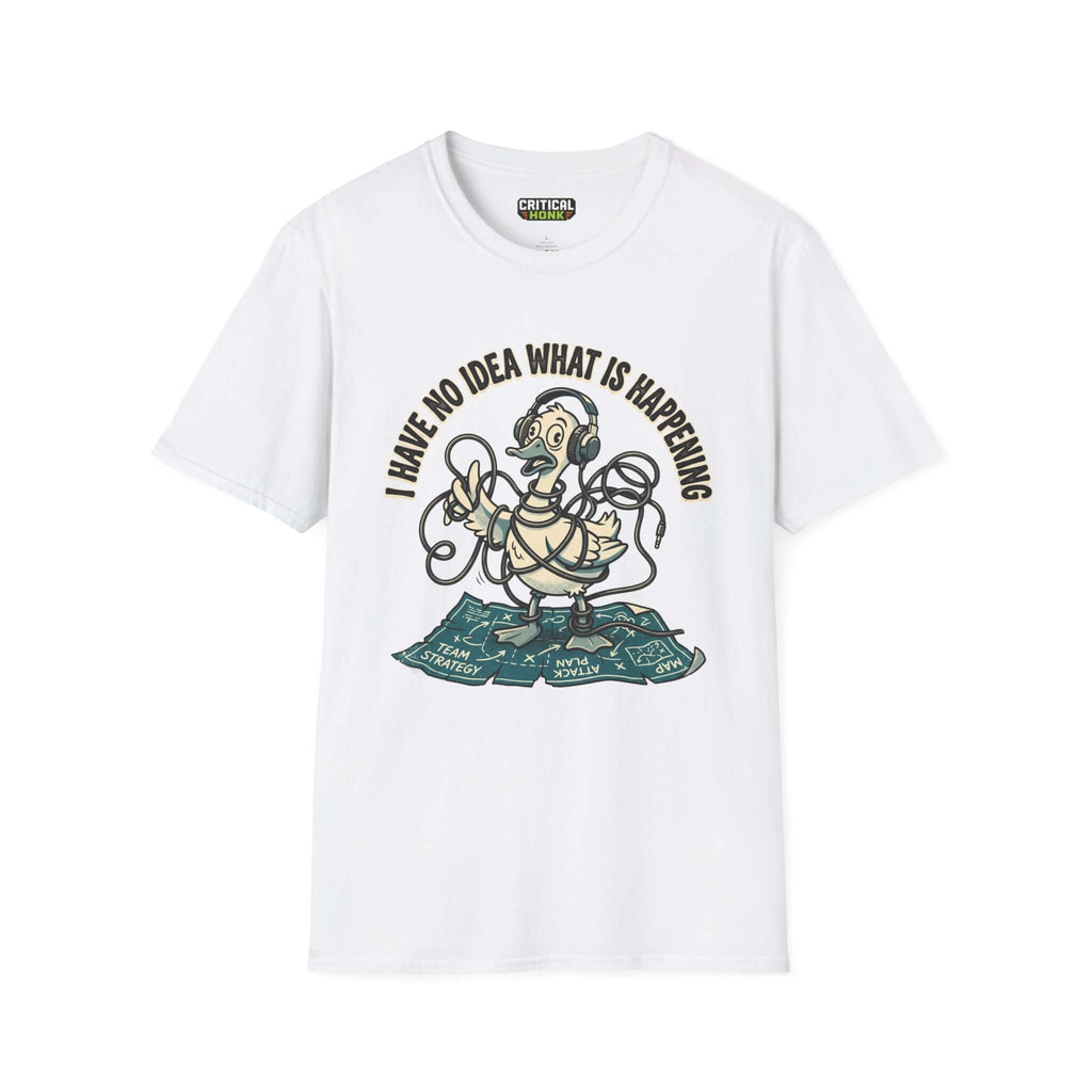 No idea what is happening T-Shirt featuring a cartoon duck and tangled wires on a white Gildan Softstyle fabric.