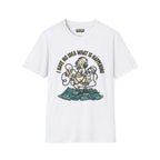 No idea what is happening T-Shirt featuring a cartoon duck and tangled wires on a white Gildan Softstyle fabric.