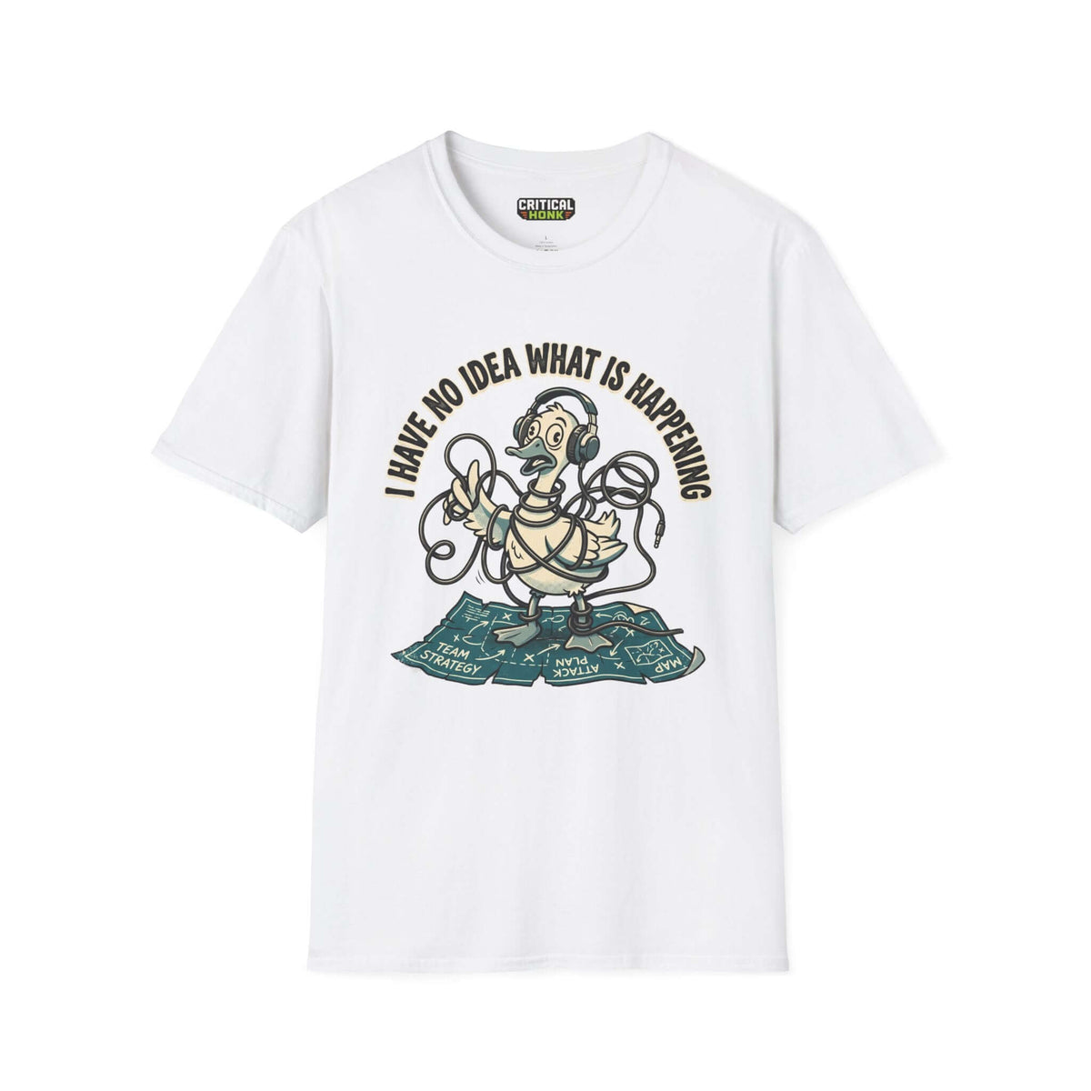 No idea what is happening T-Shirt featuring a cartoon duck and tangled wires on a white Gildan Softstyle fabric.