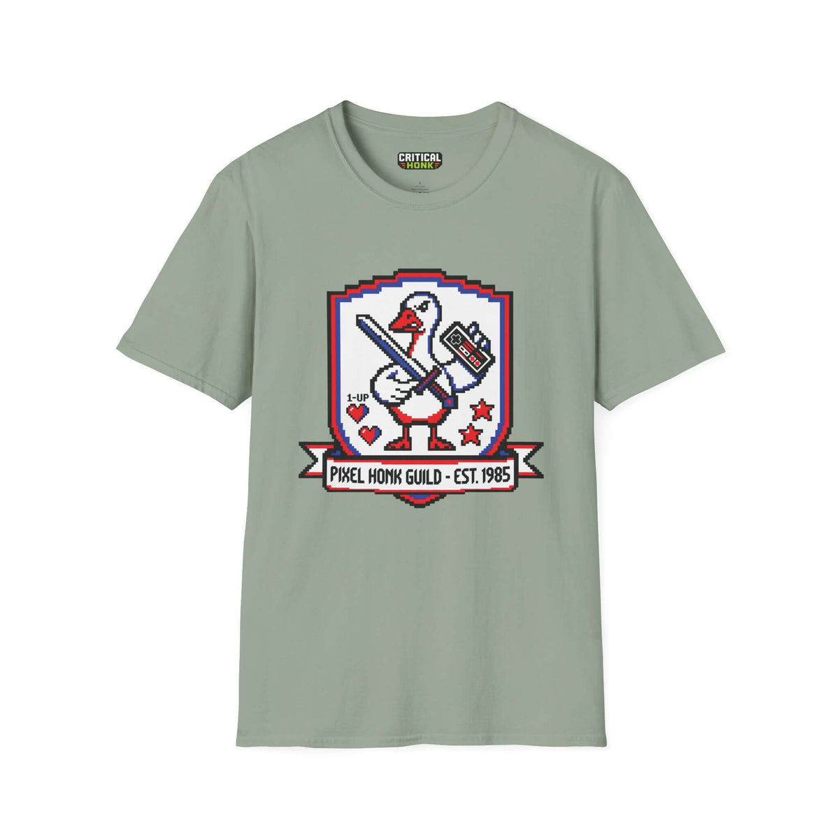 Pixel guild T-Shirt in sage color featuring a pixel art design of a duck with a sword and game controller.