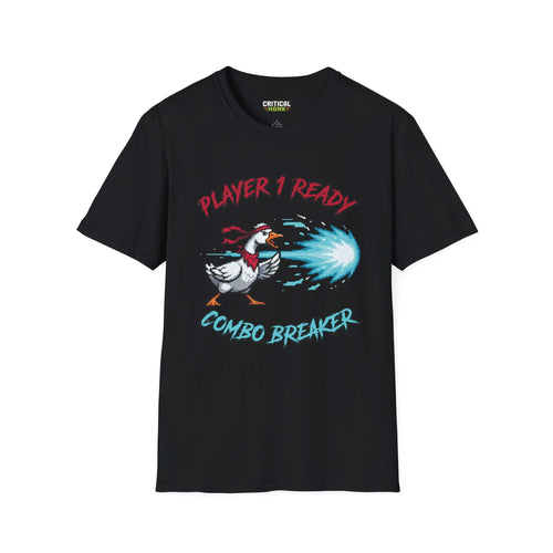 Combo Breaker T-Shirt featuring a playful graphic of a duck in a headband on a black Gildan Softstyle tee.