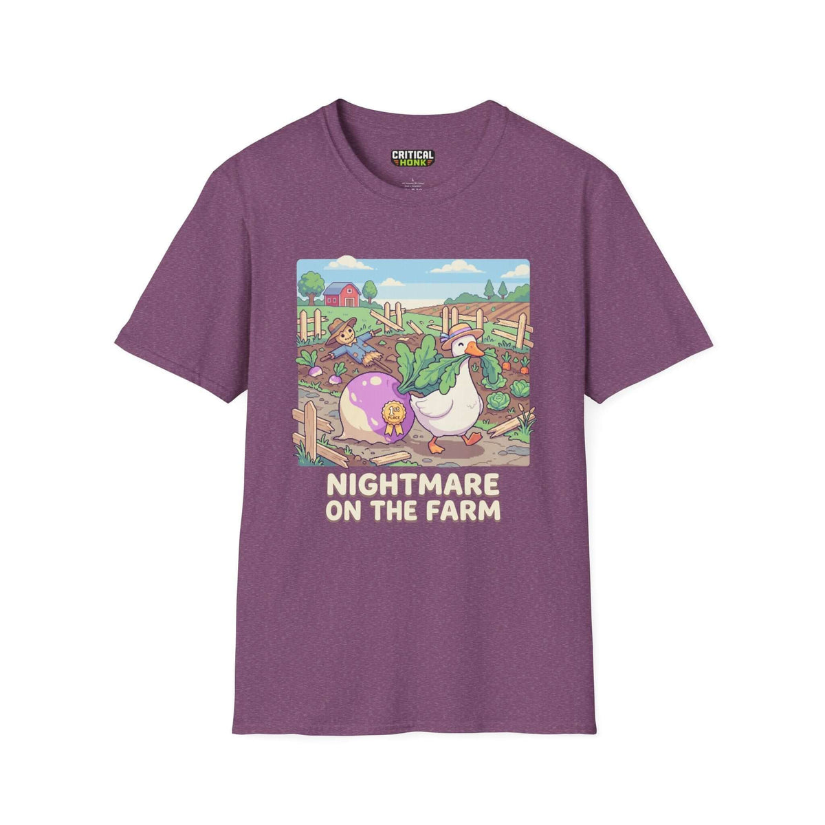 Nightmare on the farm T-Shirt featuring a whimsical farm illustration on a heather maroon Gildan Softstyle tee.