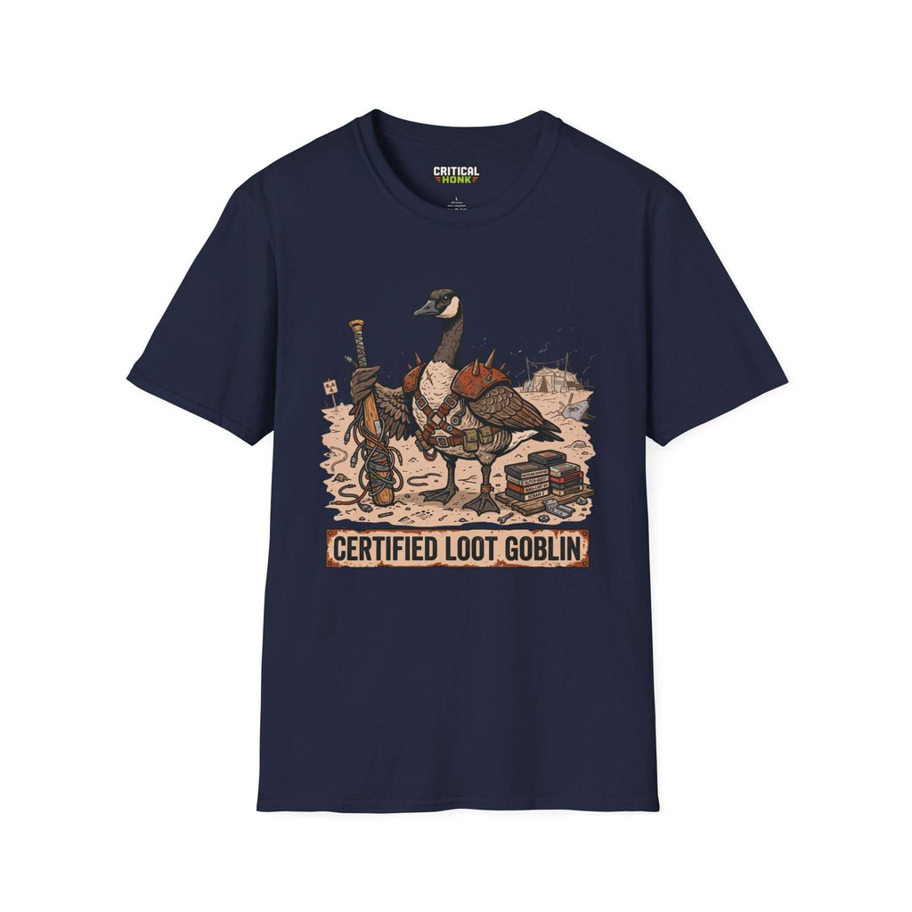 Certified loot T-Shirt featuring a whimsical loot goblin design on a navy Gildan Softstyle fabric.