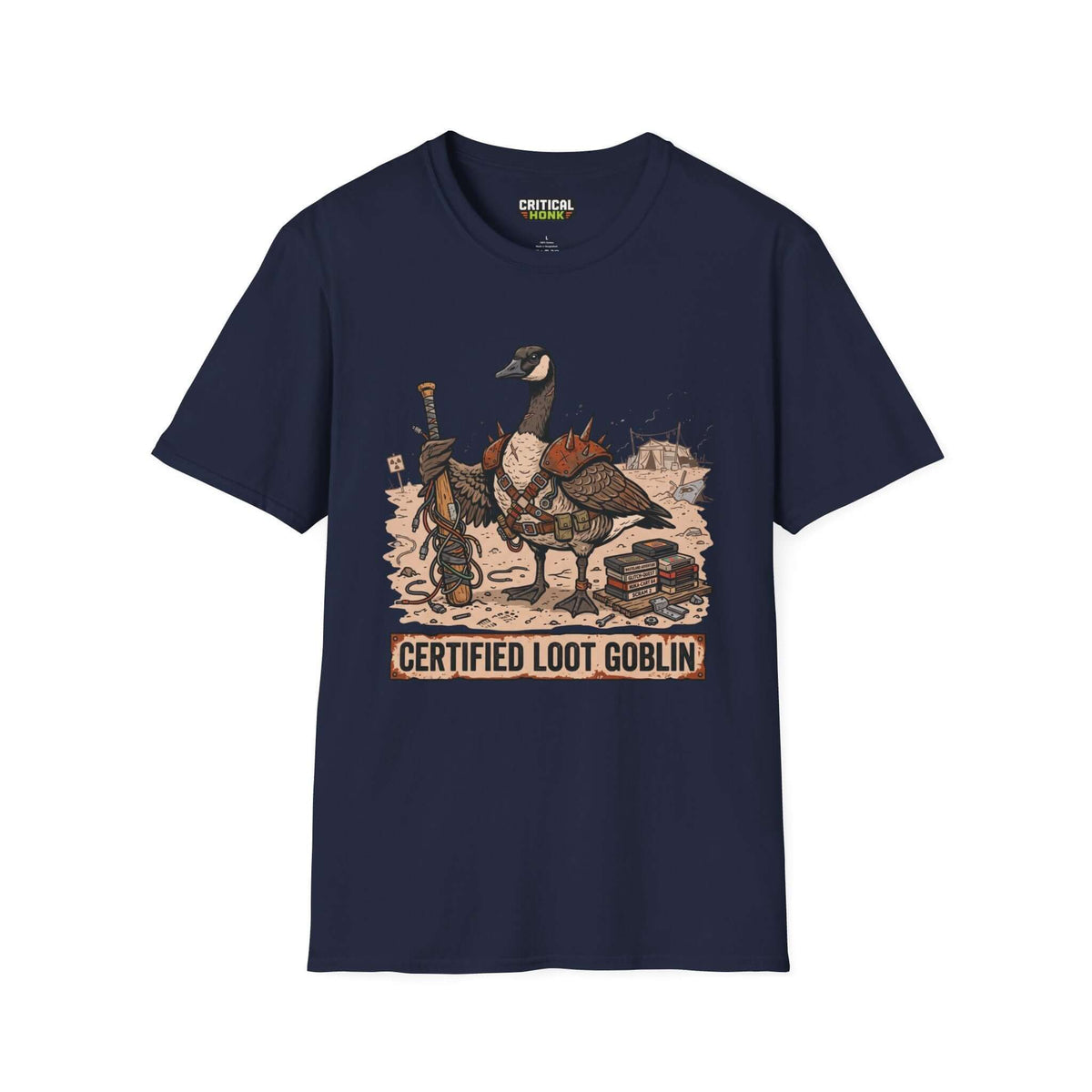Certified loot T-Shirt featuring a whimsical loot goblin design on a navy Gildan Softstyle fabric.