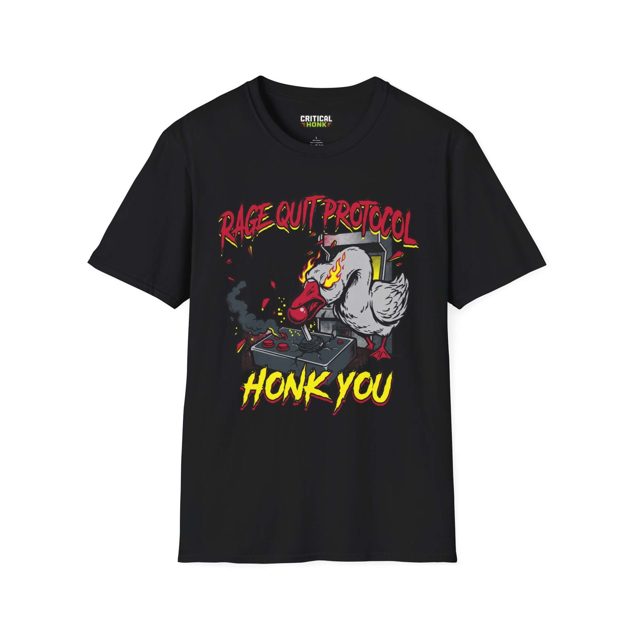 Honk you T-Shirt in black featuring a creative graphic design with a duck and gaming theme.