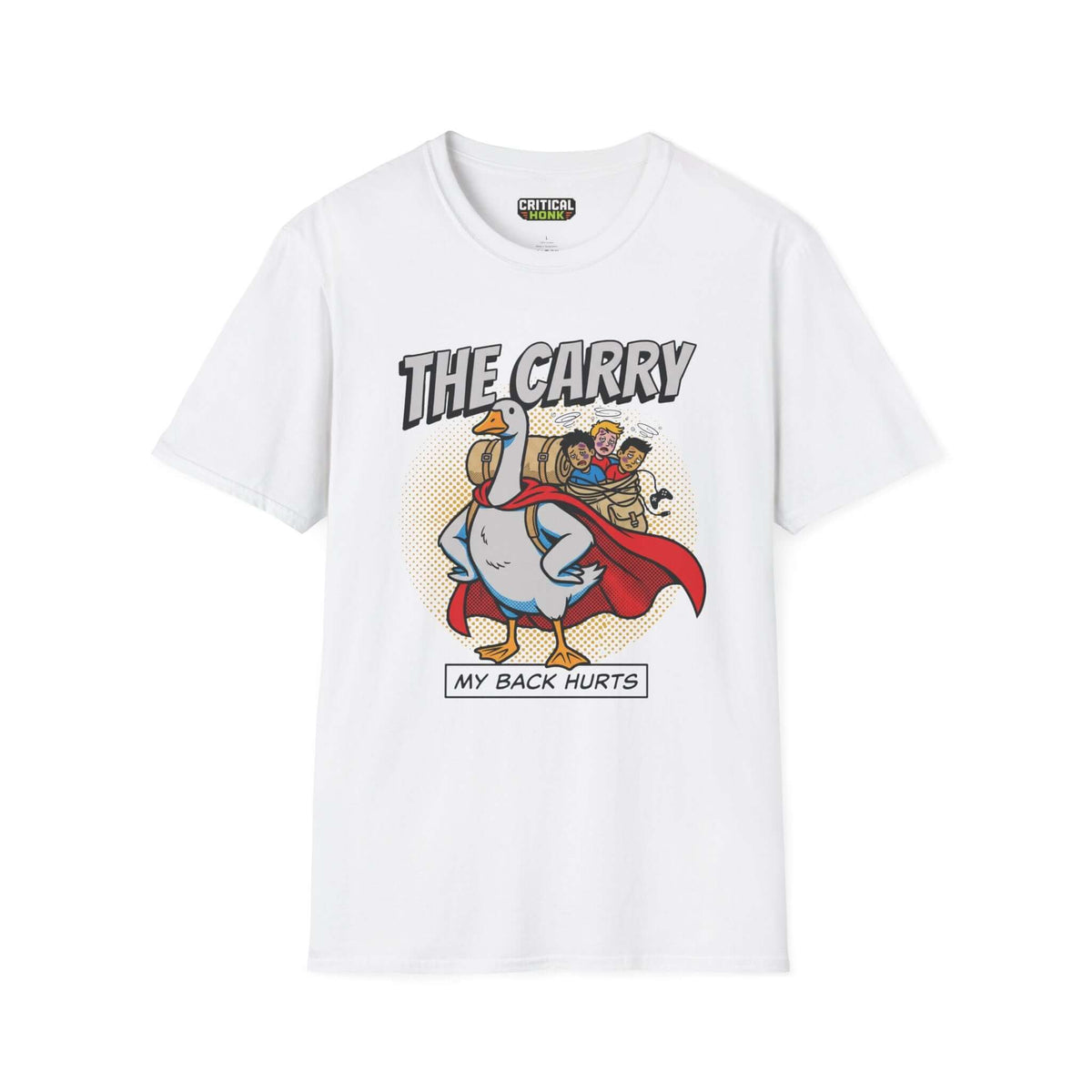 The carry T-Shirt in white featuring a cartoon duck and text 'MY BACK HURTS', part of the Critical Honk Collection.