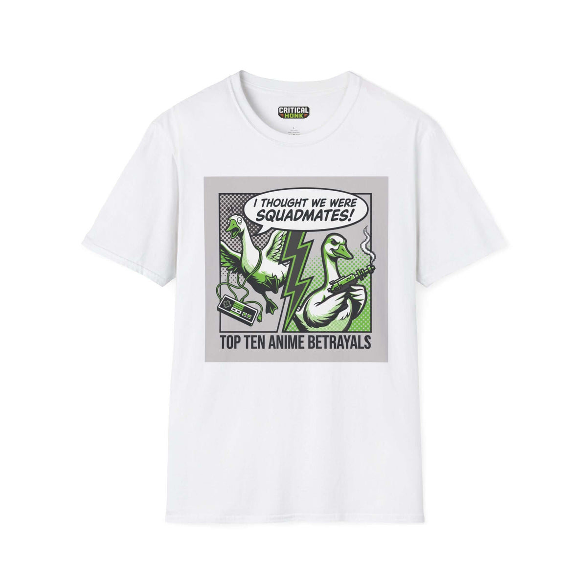 Anime betrayals T-Shirt featuring cartoon ducks with a comic-style graphic on a white Gildan Softstyle shirt.