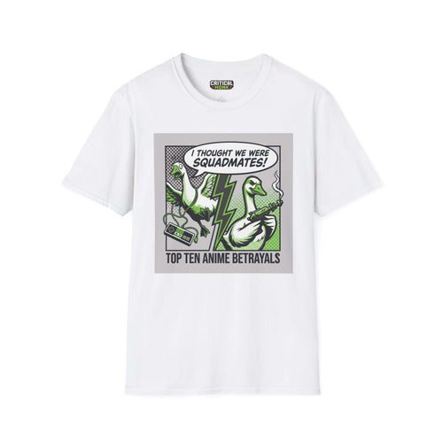 Anime betrayals T-Shirt featuring cartoon ducks with a comic-style graphic on a white Gildan Softstyle shirt.