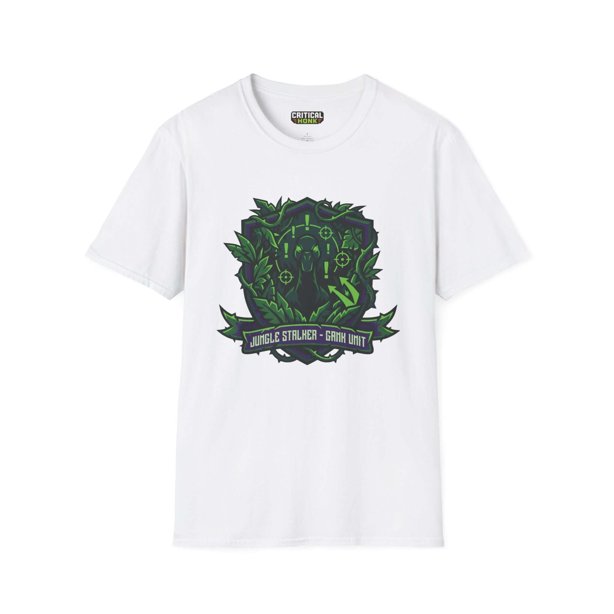 Gank unit T-Shirt featuring Jungle Stalker design on white Gildan Softstyle cotton fabric, perfect for gamers.