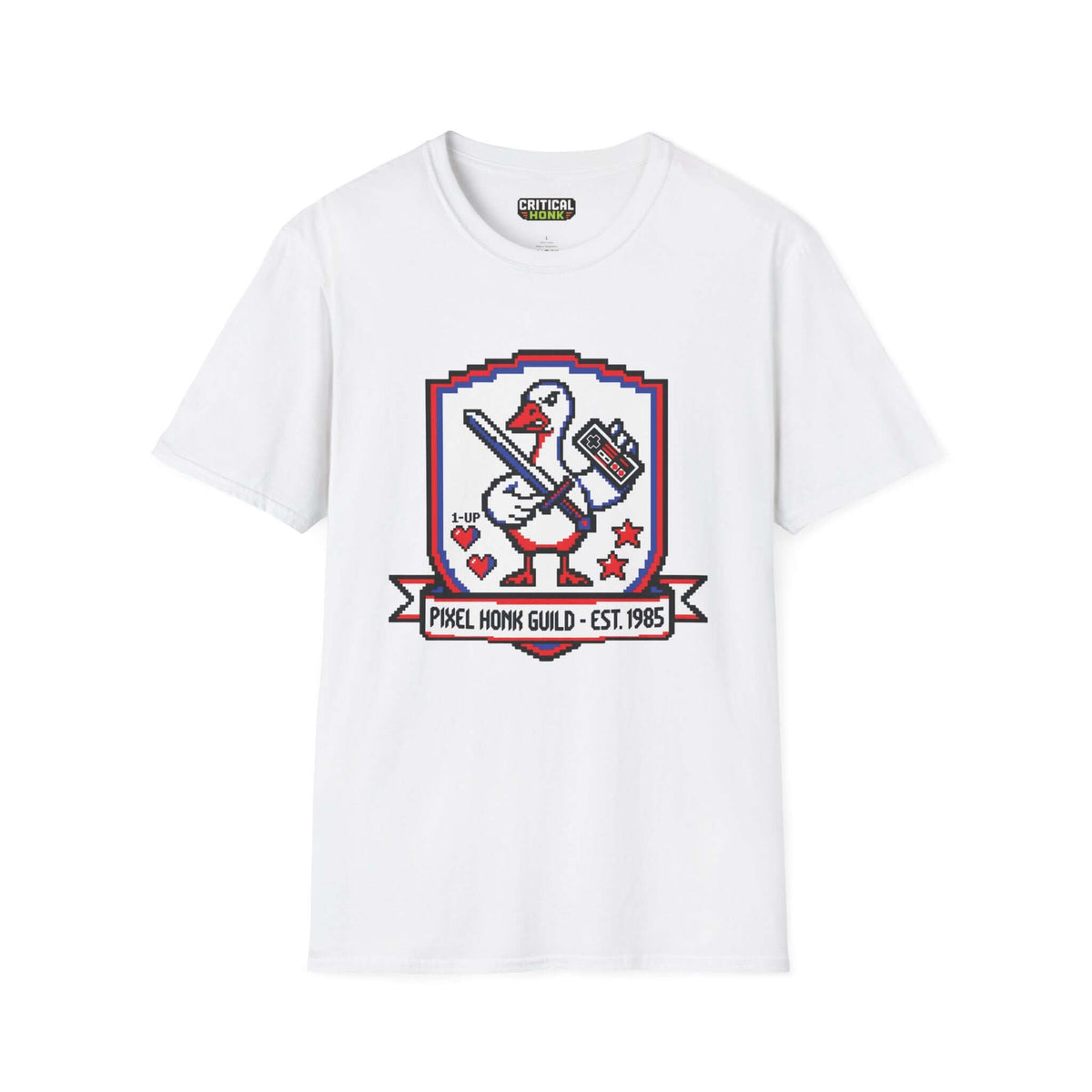 Pixel guild T-Shirt featuring a pixel art design with a duck, available in white, made from soft ring-spun cotton.