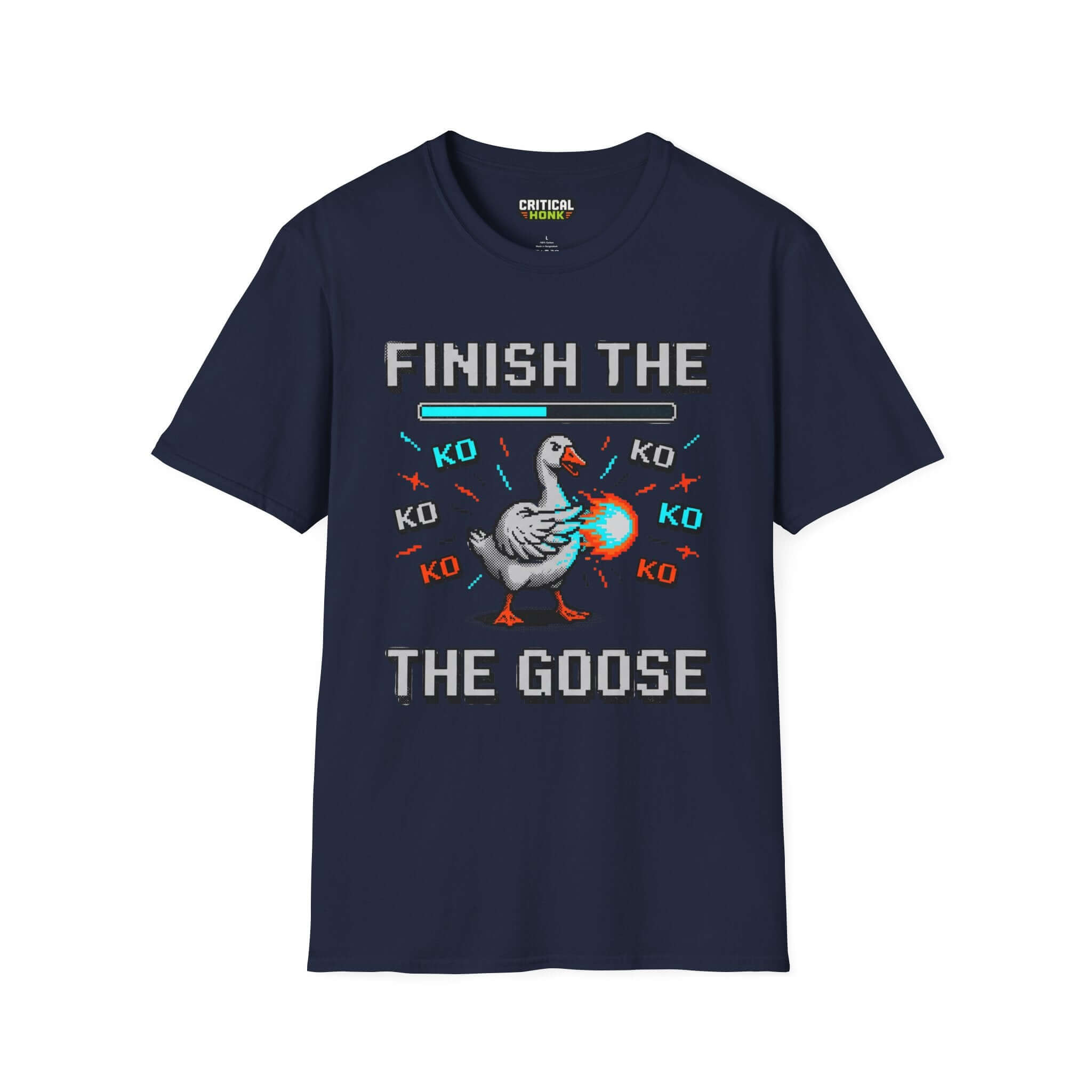 Finish-the-goose T-Shirt in navy featuring a pixelated goose graphic with playful design elements.