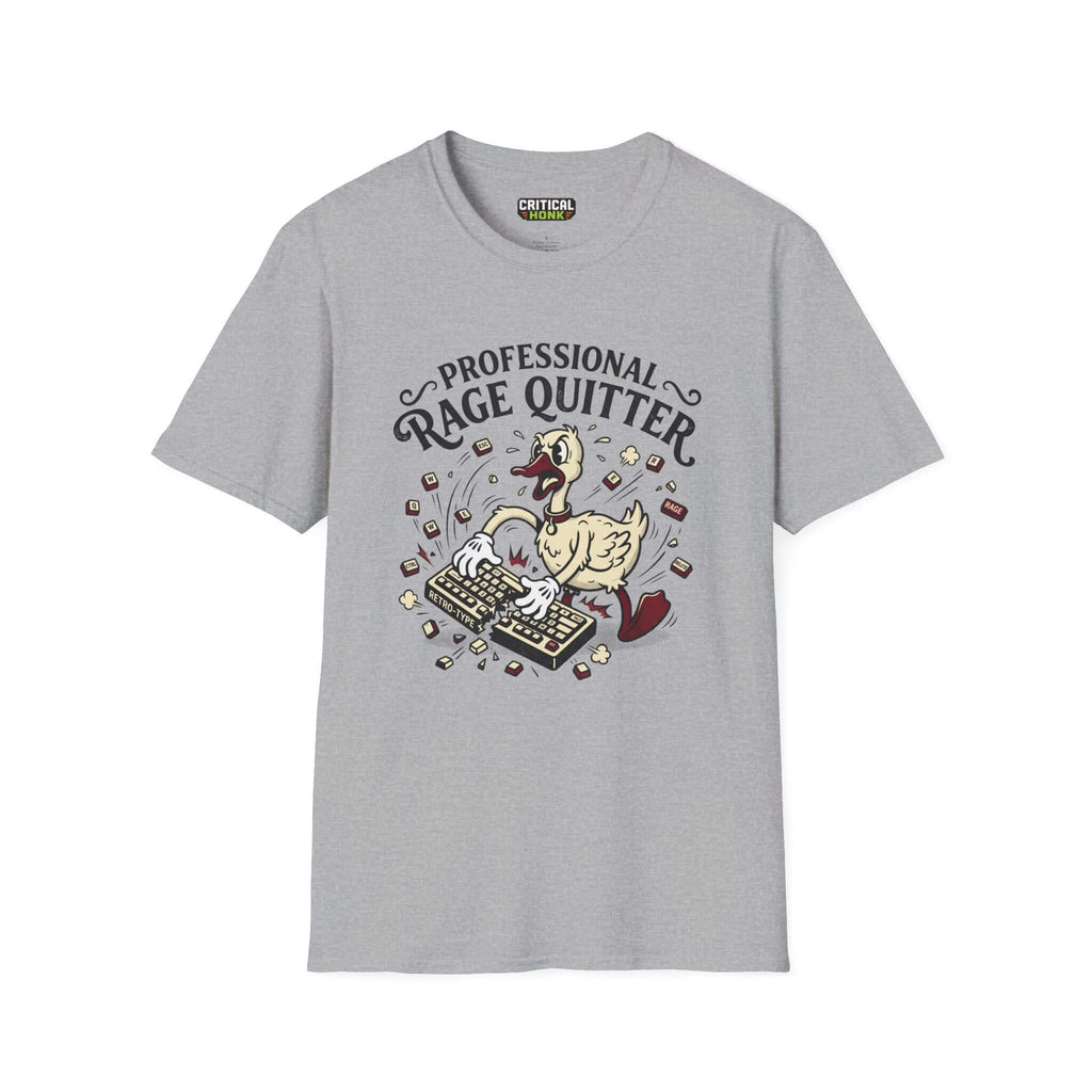 Professional rage quitter T-Shirt in Sport Grey featuring a cartoon duck and keyboard design.