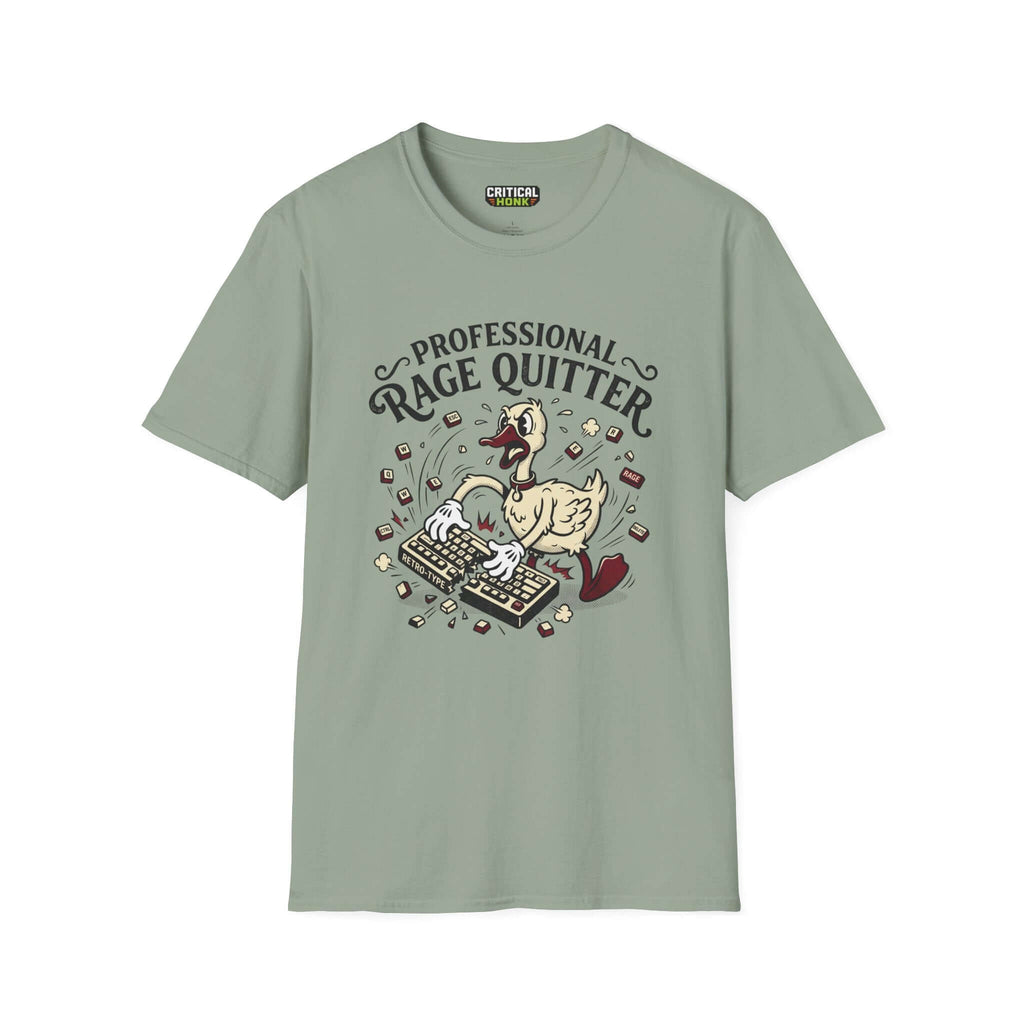 Professional rage quitter T-Shirt in sage color featuring a duck graphic with a keyboard.