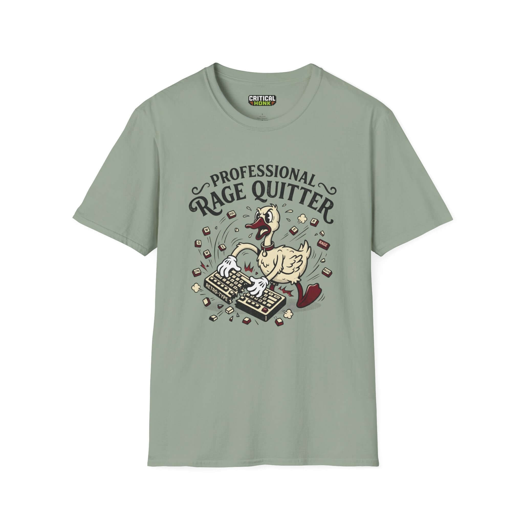 Professional rage quitter T-Shirt in sage color featuring a duck graphic with a keyboard.