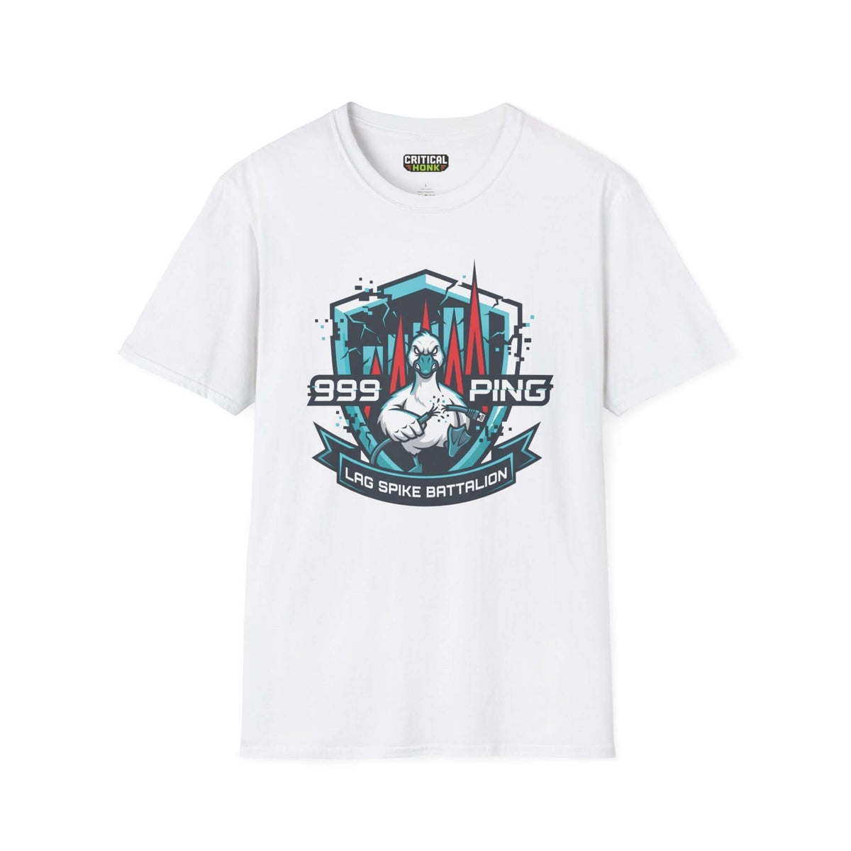 Lag spike T-Shirt design featuring a gaming-themed graphic on a white Gildan Softstyle t-shirt.