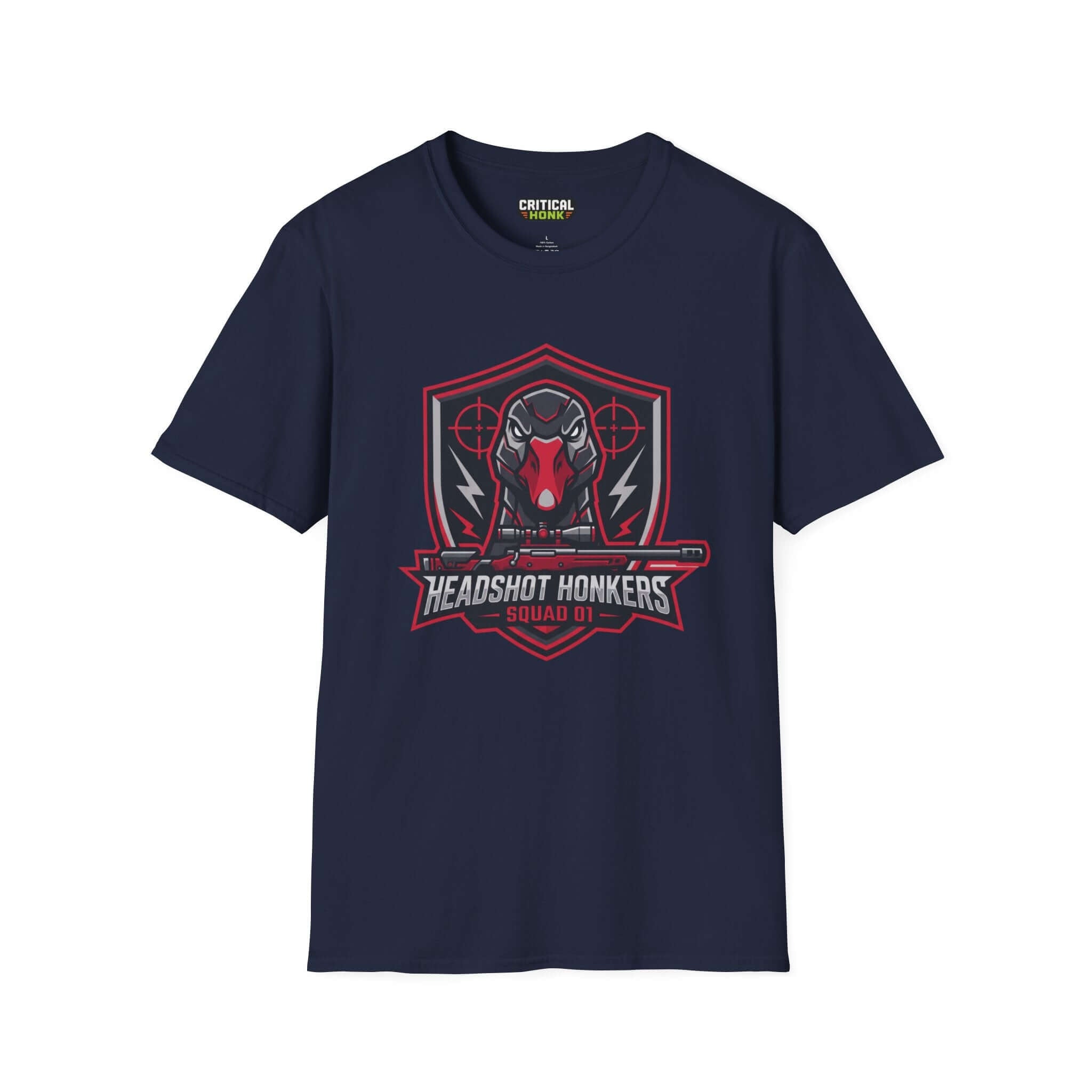 Headshot honkers T-Shirt in navy featuring bold graphic, unisex fit, 100% ring-spun cotton, Critical Honk Collection.