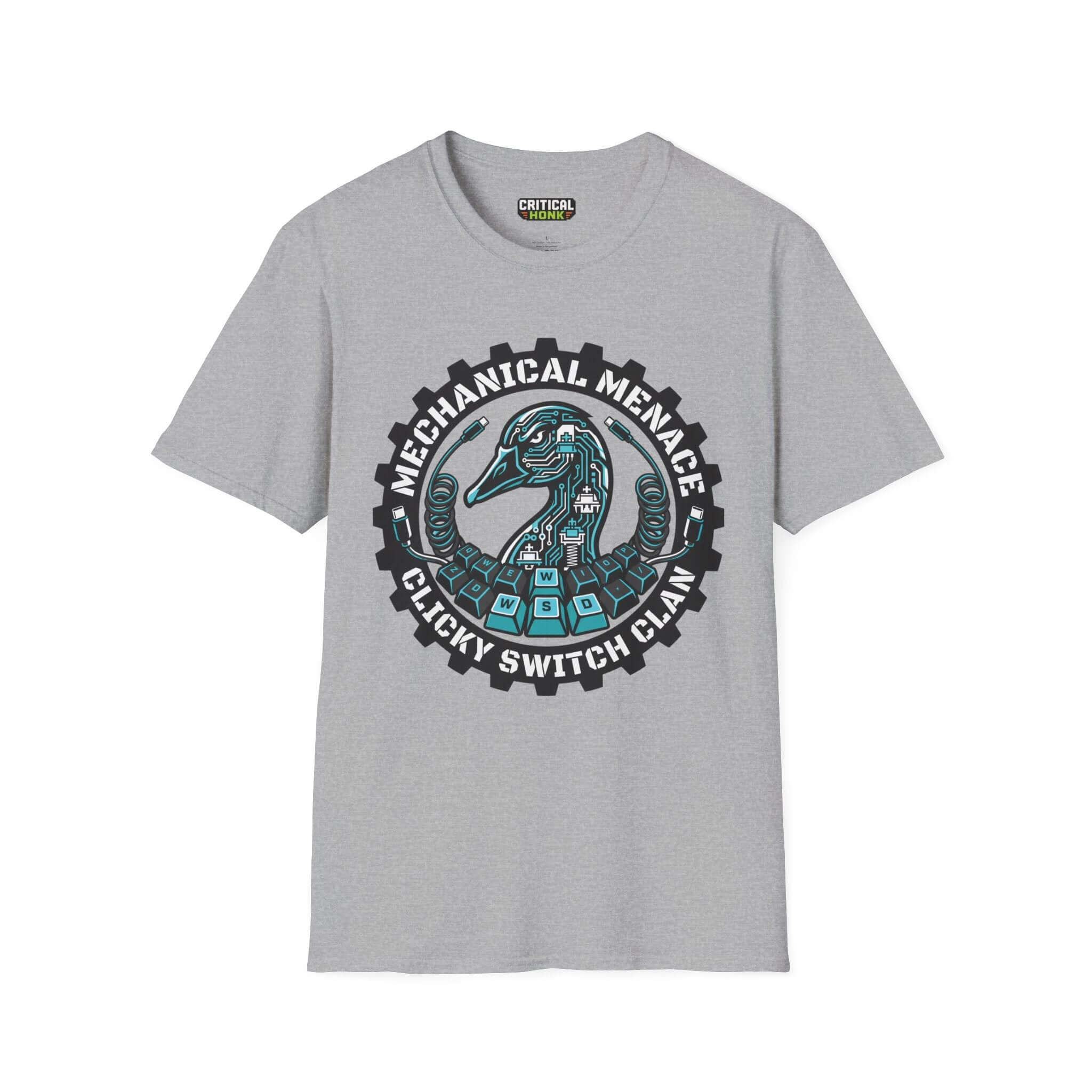 Mechanical menace T-Shirt in sport grey featuring clicky switch clan graphic design.