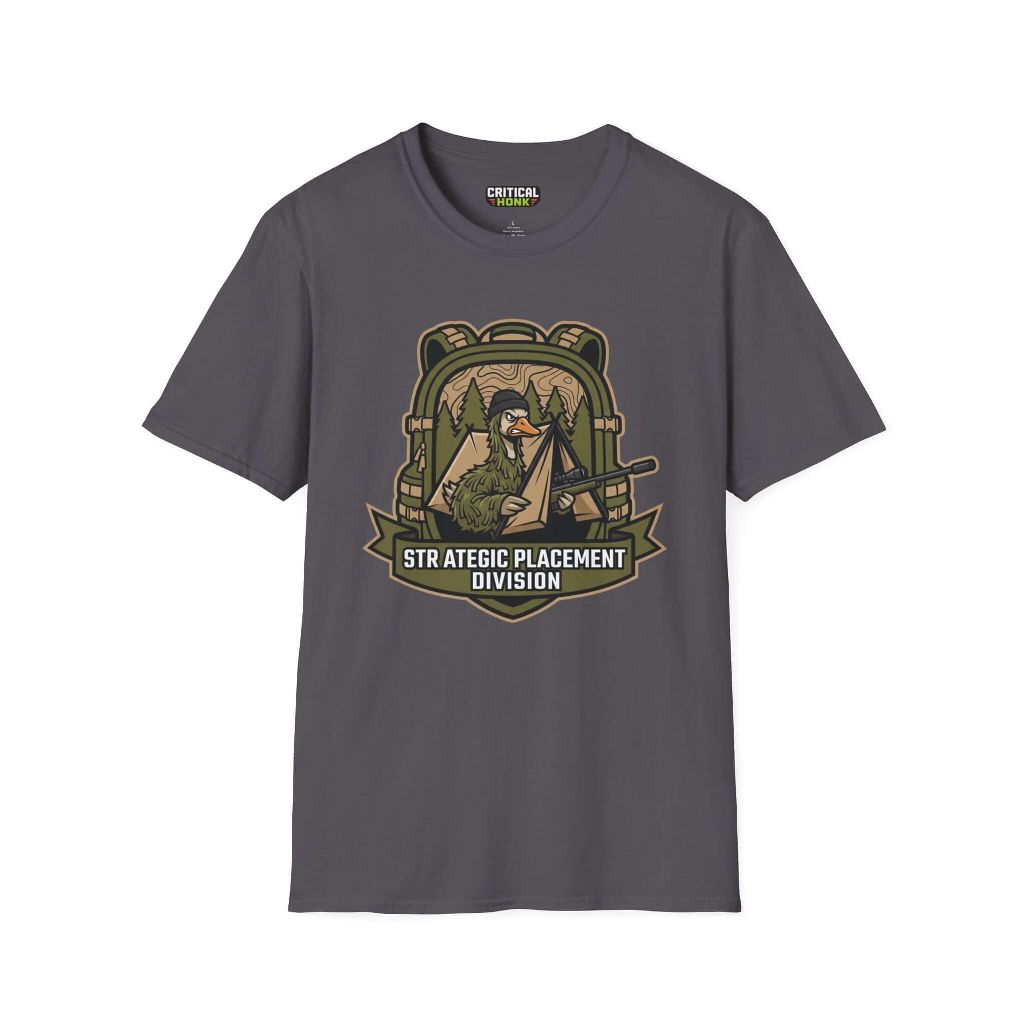 Strategic division T-Shirt in charcoal featuring 'STR ATEGIC PLACEMENT DIVISION' design from Chaos Inspired Apparel.