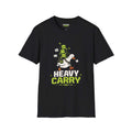 Heavy-carry T-Shirt featuring a playful duck graphic on a black unisex softstyle tee from Critical Honk.