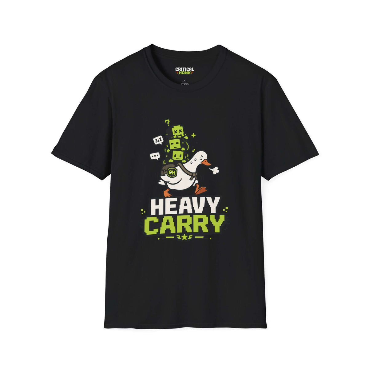 Heavy-carry T-Shirt featuring a playful duck graphic on a black unisex softstyle tee from Critical Honk.