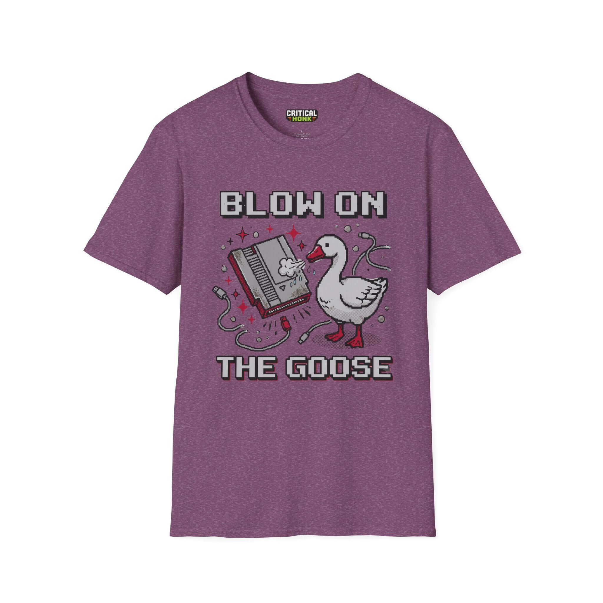 Blow-on-the-goose T-Shirt in Heather Maroon color, featuring a gaming design and a playful goose illustration.