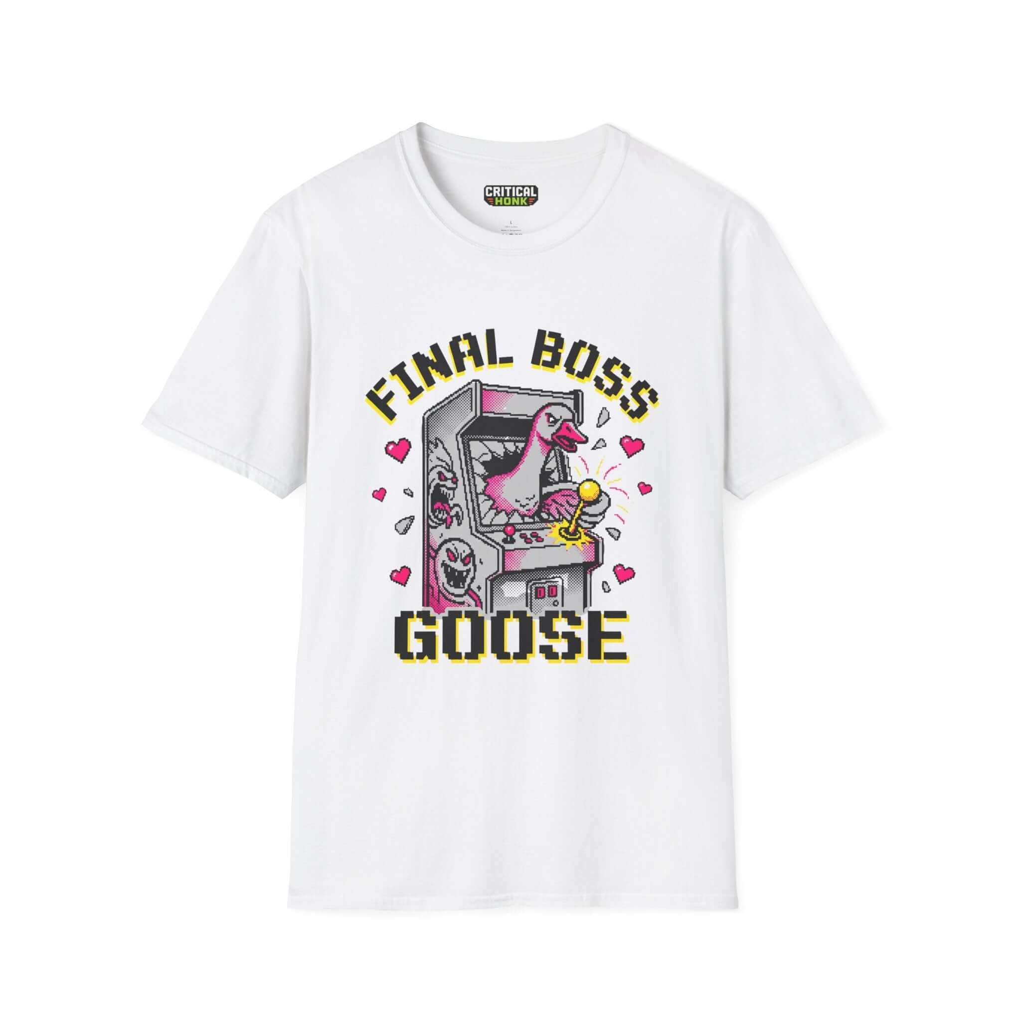 Final-boss-goose T-Shirt featuring a graphic of a goose in an arcade machine on a white background.