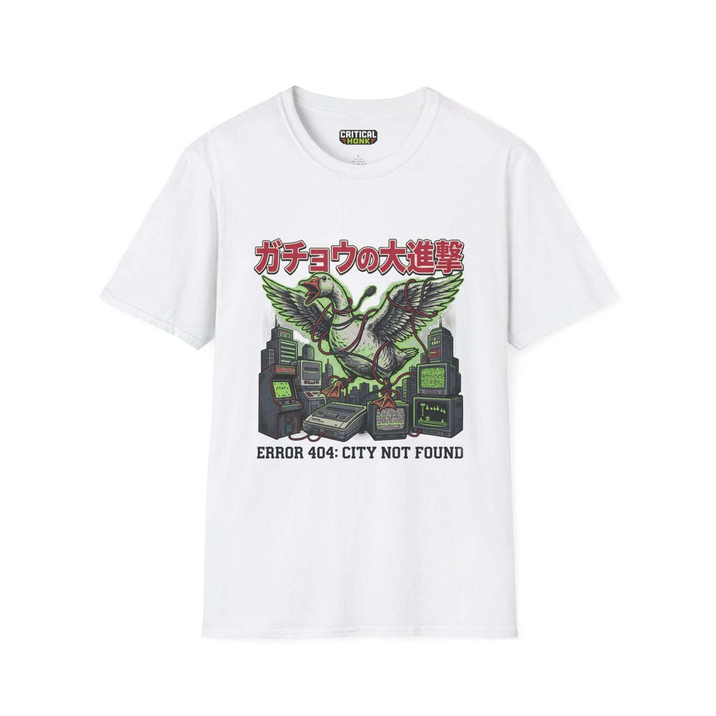 Error 404 T-Shirt featuring graphic design on white Gildan Softstyle fabric, unisex fit, made in the USA.