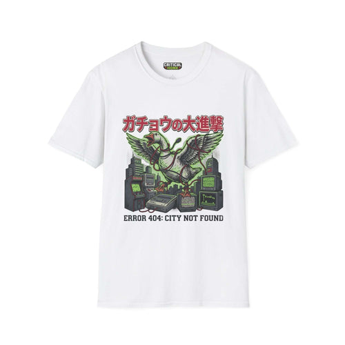 Error 404 T-Shirt featuring graphic design on white Gildan Softstyle fabric, unisex fit, made in the USA.