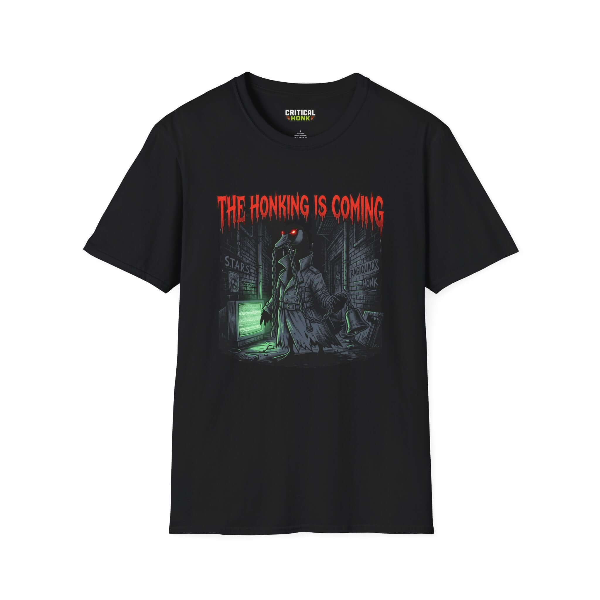 Honking is coming T-Shirt in black featuring a spooky design and unisex fit, made from 100% ring-spun cotton.