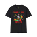 First-place-honk T-Shirt featuring a racing duck graphic on a black Gildan Softstyle tee.