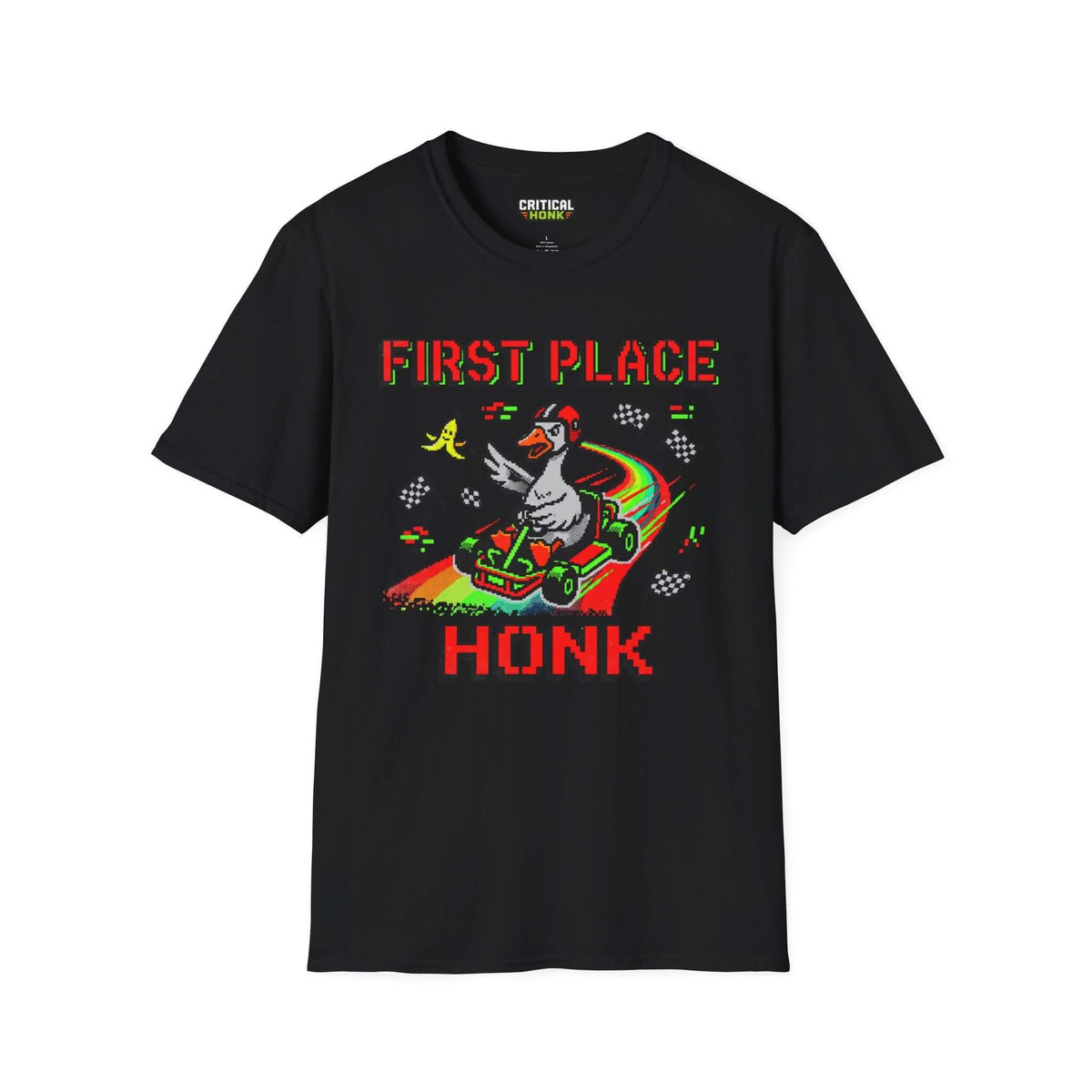 First-place-honk T-Shirt featuring a racing duck graphic on a black Gildan Softstyle tee.