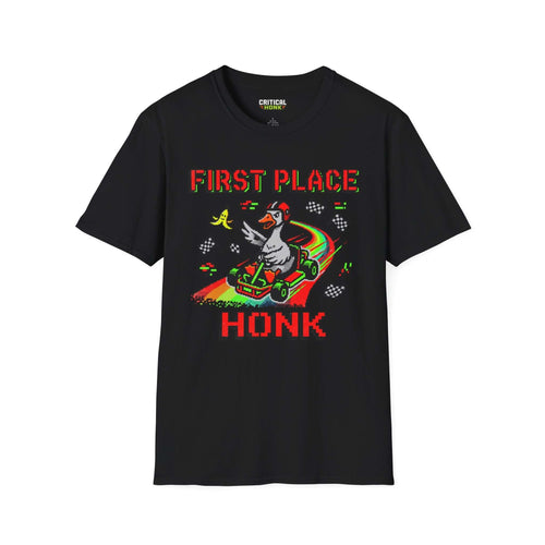 First-place-honk T-Shirt featuring a racing duck graphic on a black Gildan Softstyle tee.