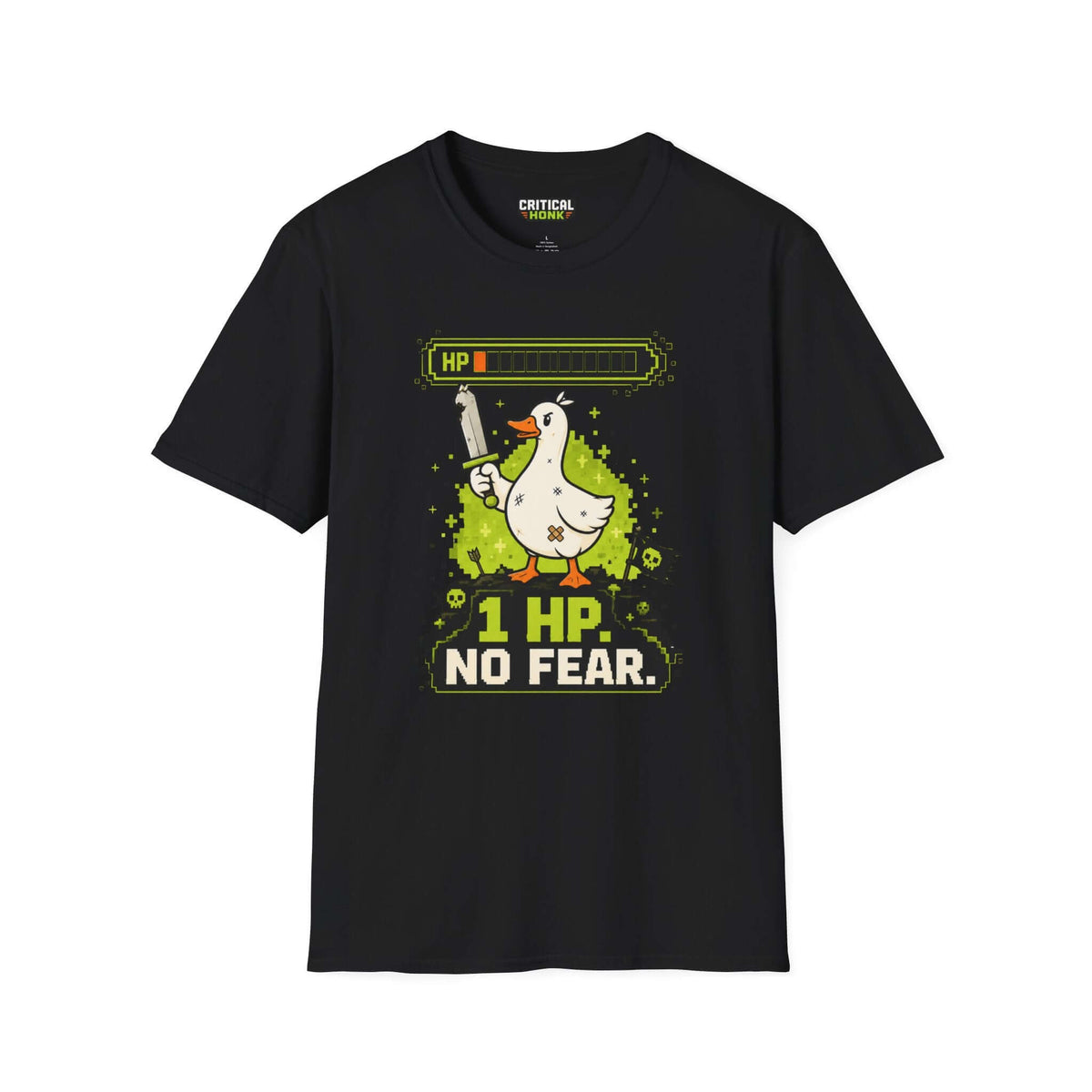 One hp T-Shirt featuring a playful duck graphic on a black Gildan Softstyle shirt from the Critical Honk Collection.