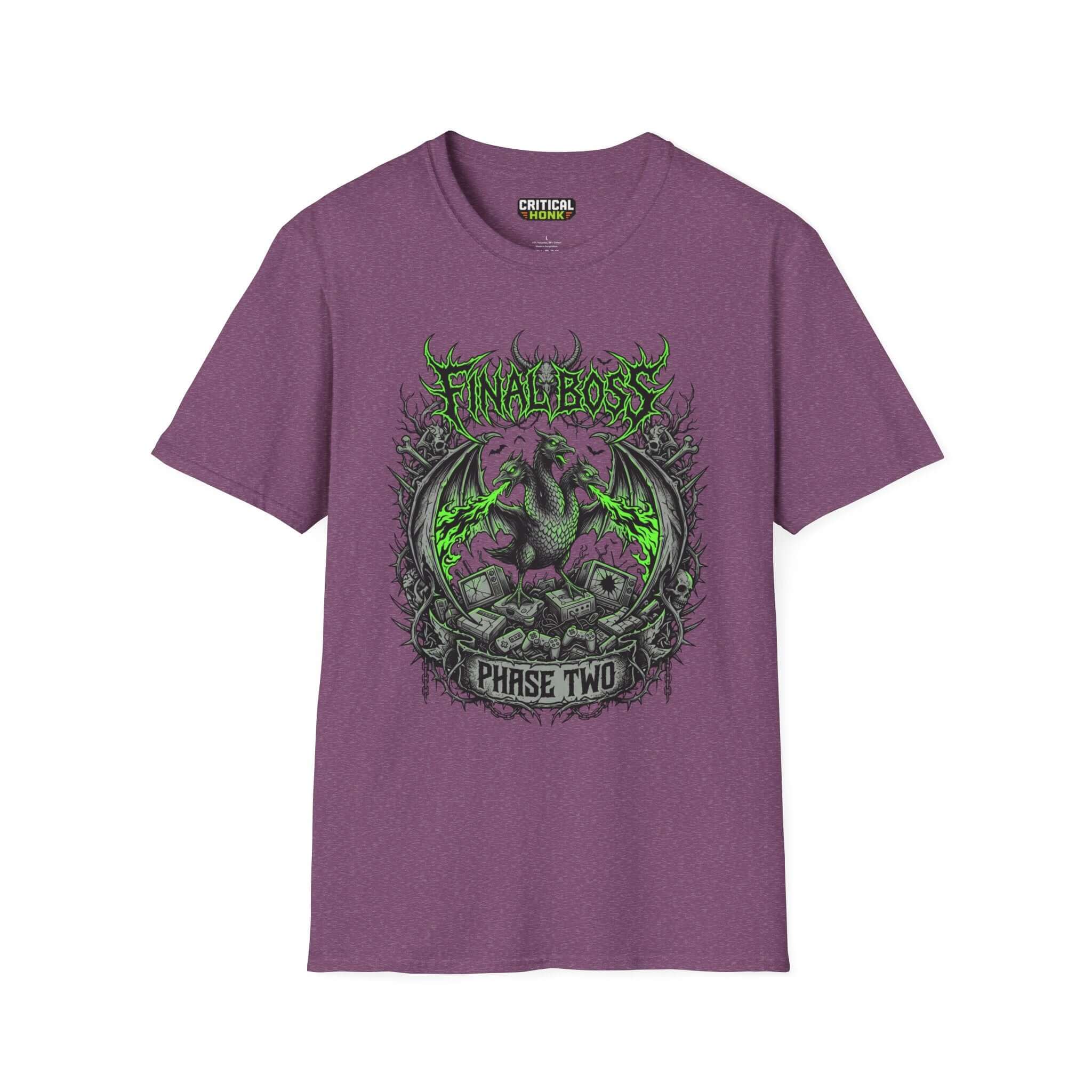 Final-boss-phase-two T-Shirt in heather maroon, featuring a dragon design from the Critical Honk collection.