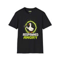 Respawned angry T-Shirt in black featuring a cartoon goose holding a gaming controller, from the Critical Honk collection.