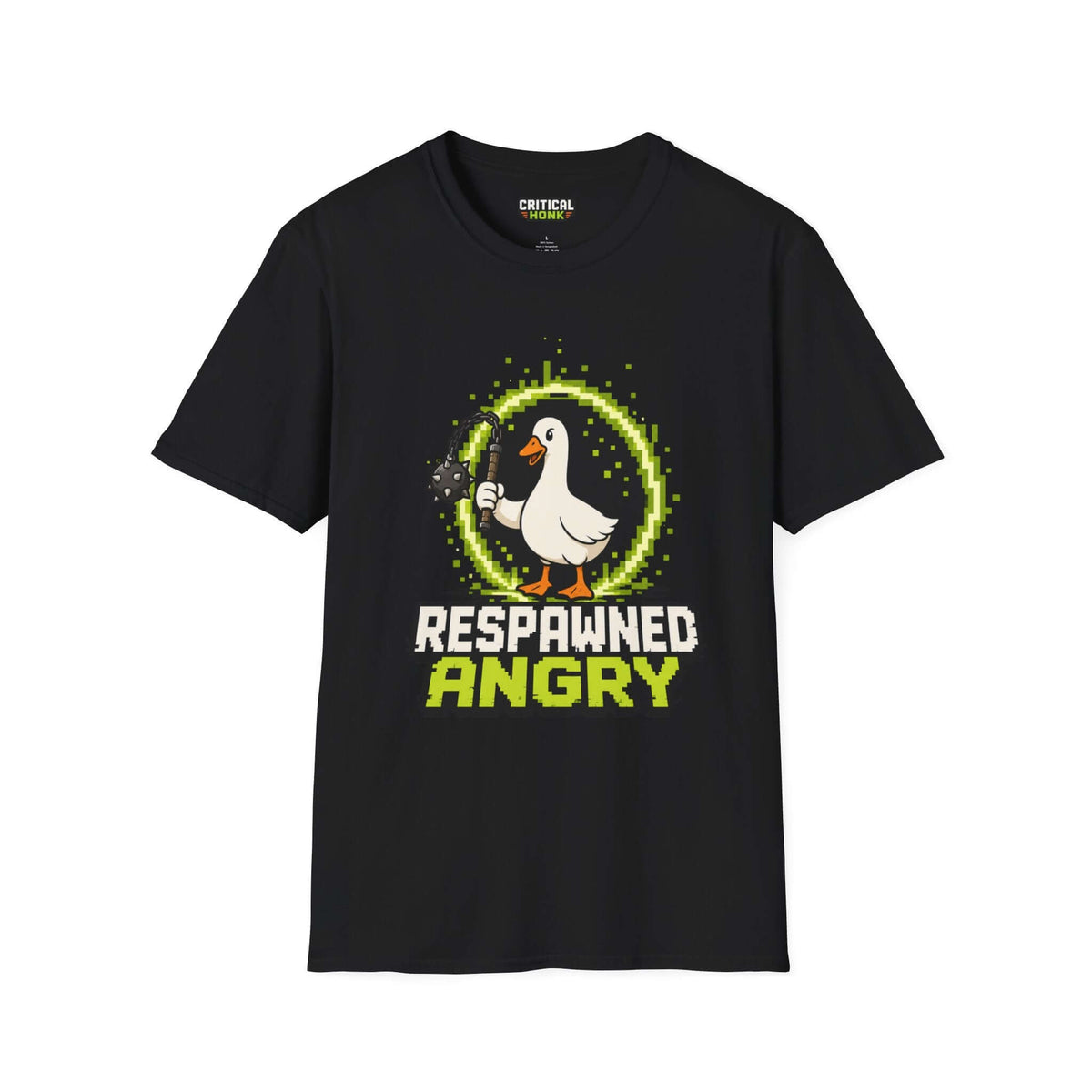 Respawned angry T-Shirt in black featuring a cartoon goose holding a gaming controller, from the Critical Honk collection.