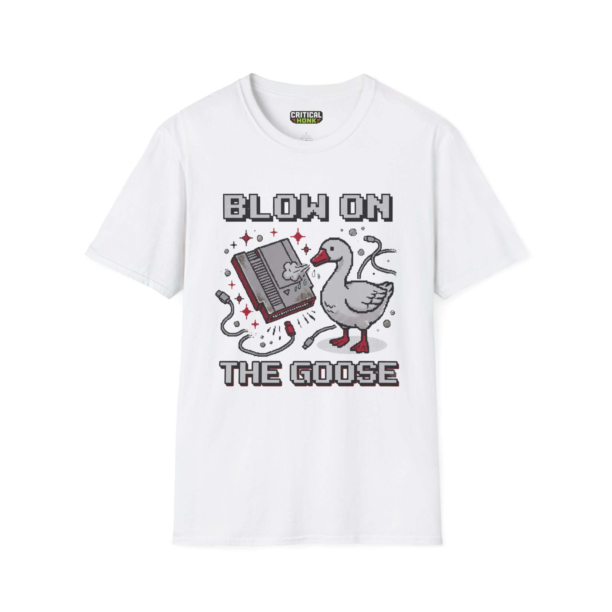 Blow-on-the-goose T-Shirt featuring a cartoon goose and an NES cartridge design on a white Gildan Softstyle t-shirt.