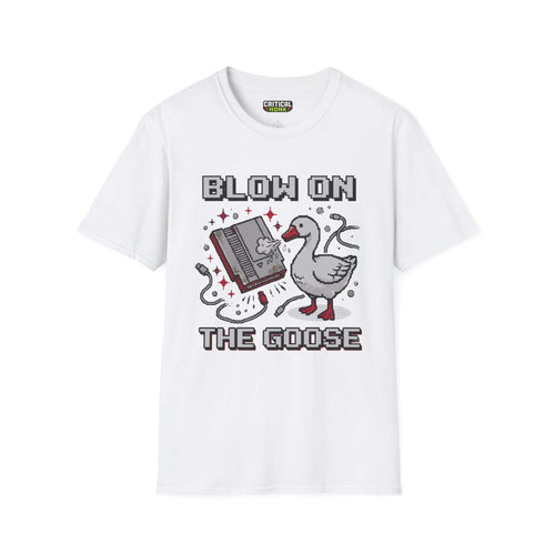 Blow-on-the-goose T-Shirt featuring a cartoon goose and an NES cartridge design on a white Gildan Softstyle t-shirt.