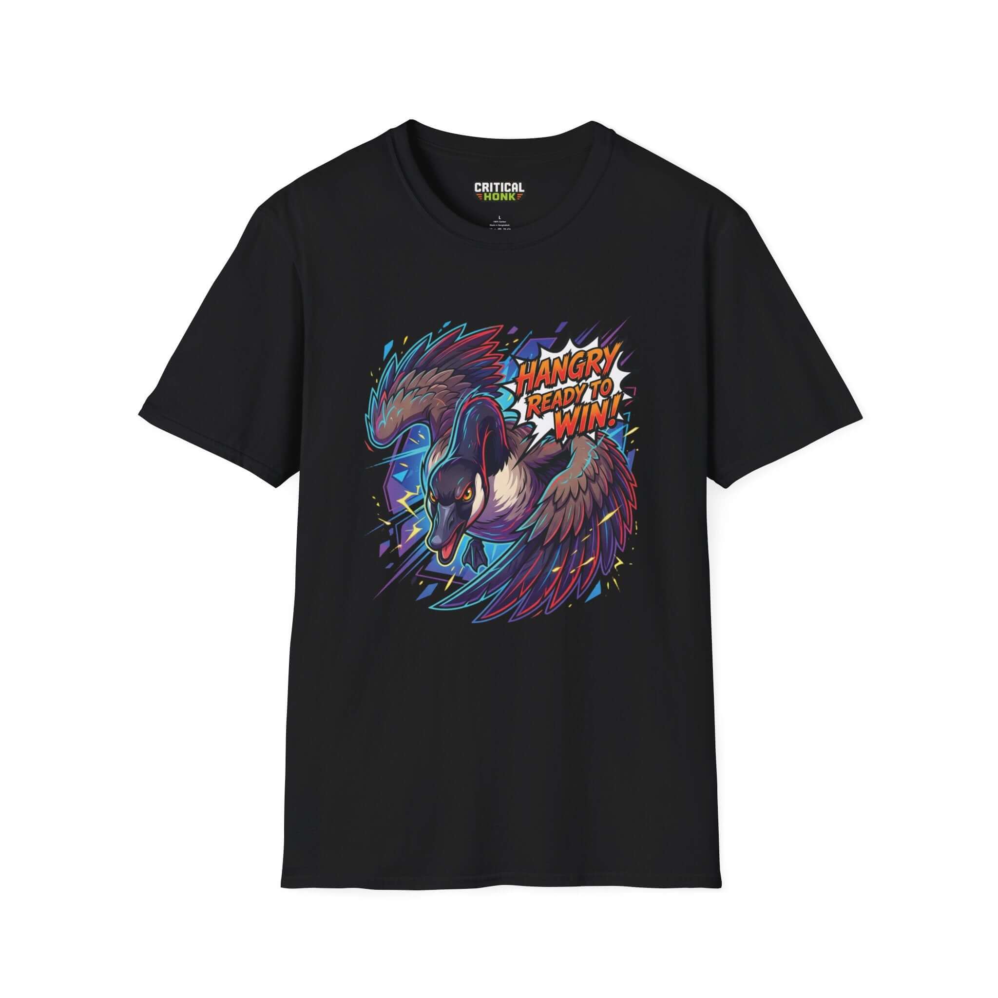 Hangry to win T-Shirt featuring a colorful design on a black Gildan Softstyle shirt, part of the Critical Honk Collection.