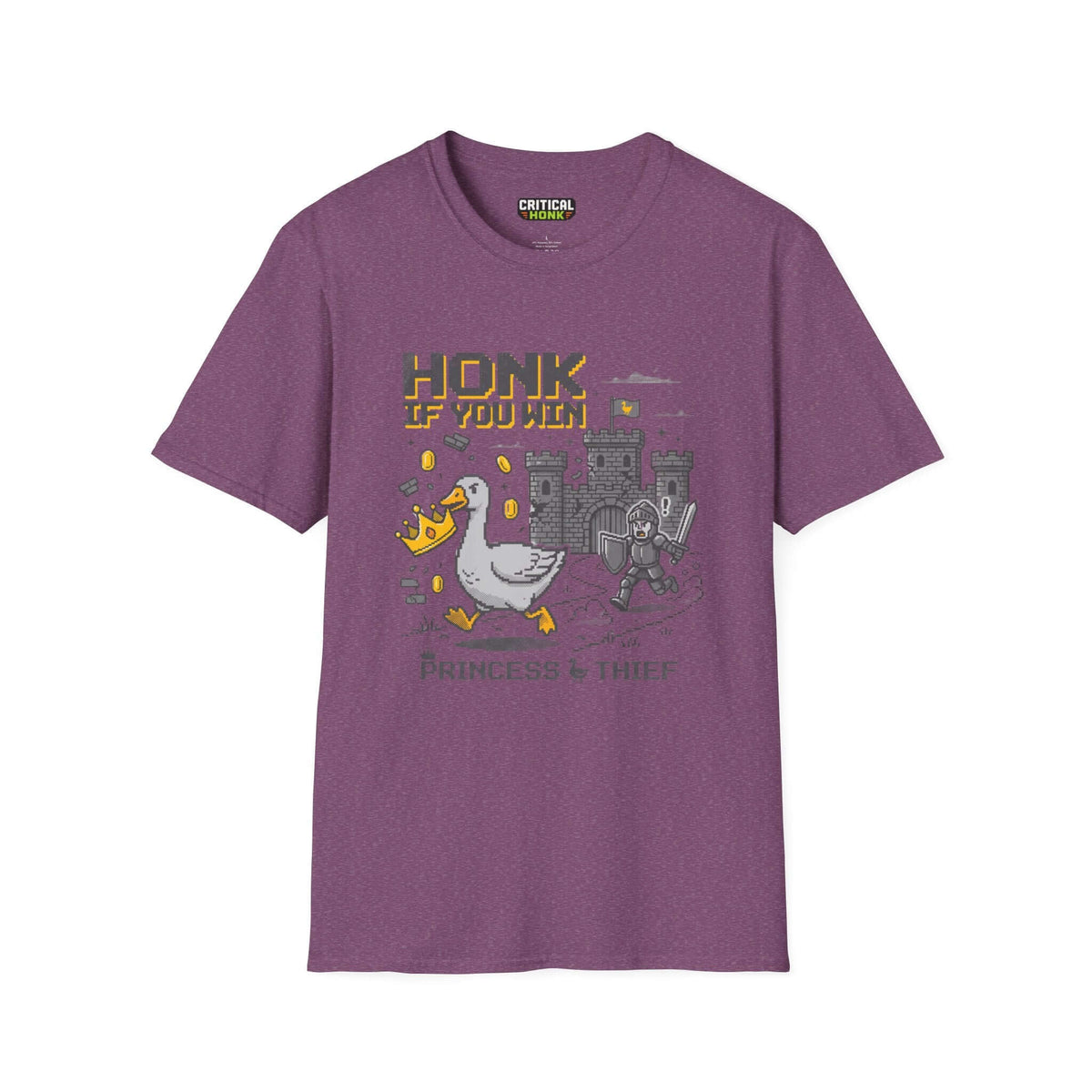 Honk-if-you-win T-Shirt in Heather Maroon, featuring a whimsical design inspired by gaming and chaos.