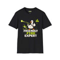 Friendly-fire-expert T-Shirt in black featuring a cartoon duck with a laser, part of the Critical Honk Collection.